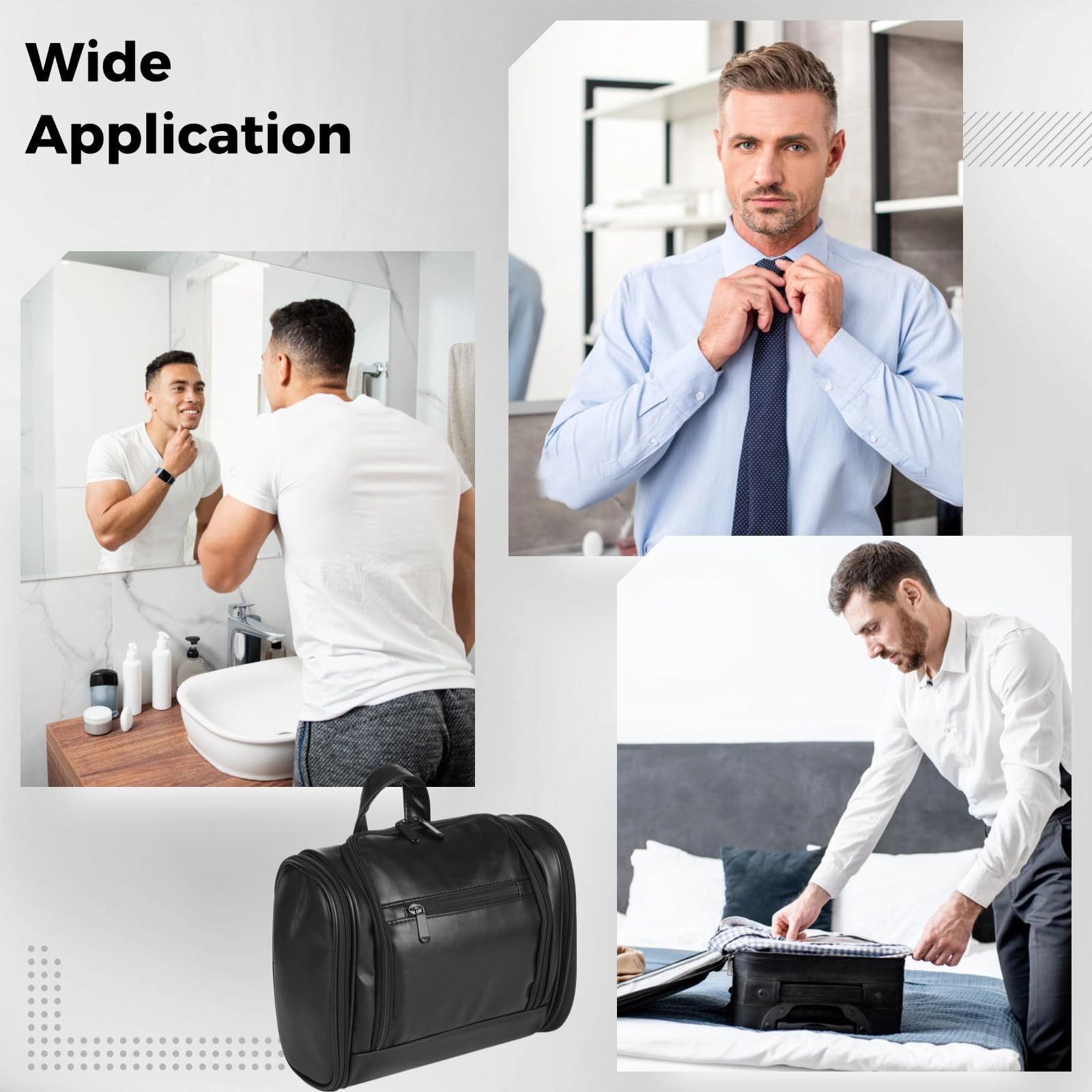 Neceser colgante para hombre, organizador grande de piel sintética con gancho giratorio, estuche de almacenamiento de higiene con cremallera para kit de afeitado, artículos esenciales de aseo