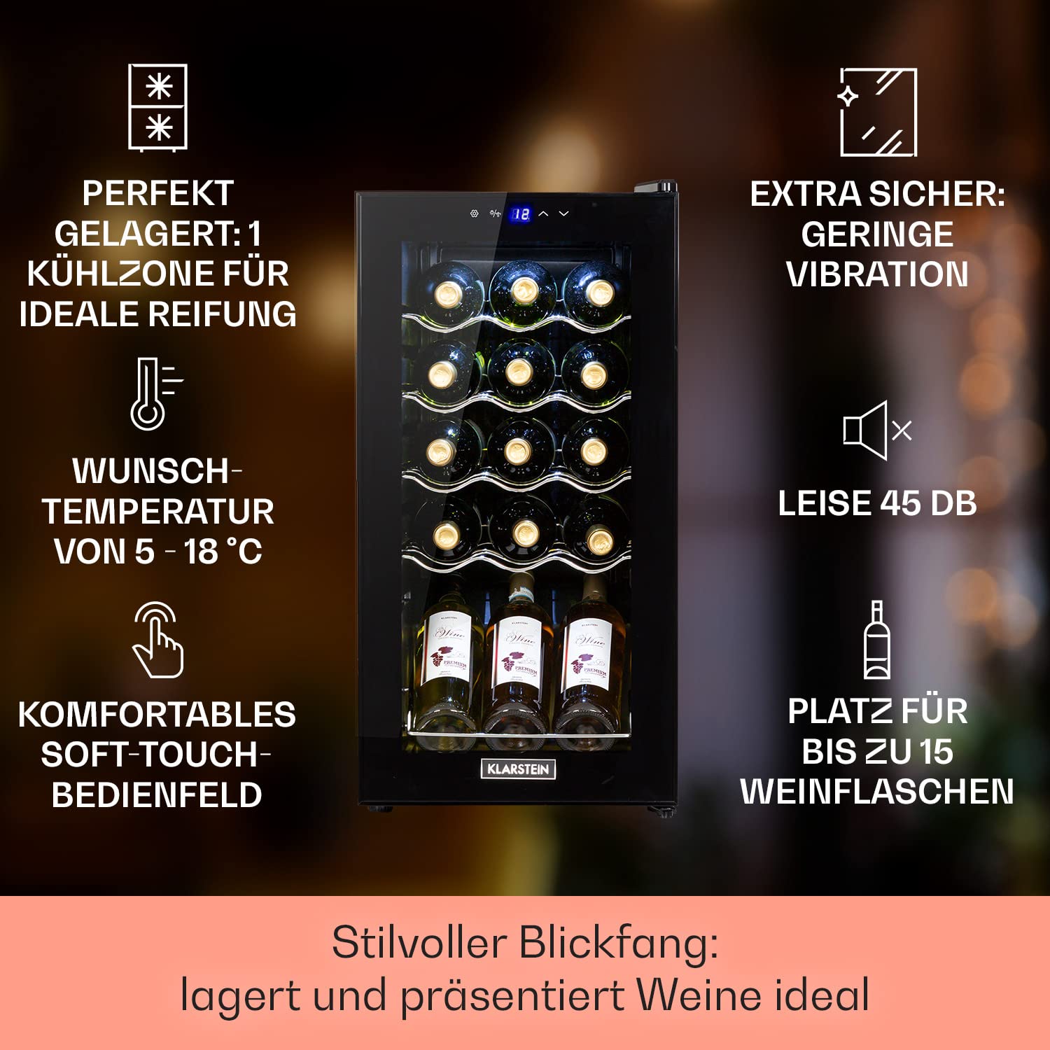 Klarstein Shiraz Weinkühlschrank 15 Flaschen 44 L 1 Zone Getränkekühlschrank Glastür freistehend LED Edelstahlrahmen