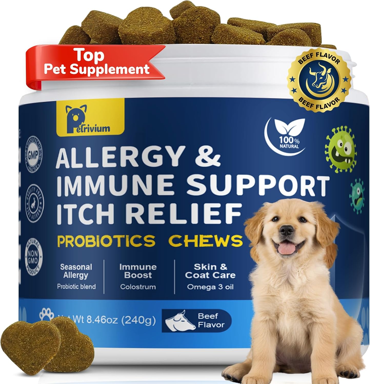 Dogs Allergy & Itch Relief Chews, Dog Probiotics for Skin & Immune Support Helps Relieve Itchy Skin & Ear, Dog Allergy Supplement for Paw Licking, Itching Skin Relief with Colostrum, Fish Oil (Tan)