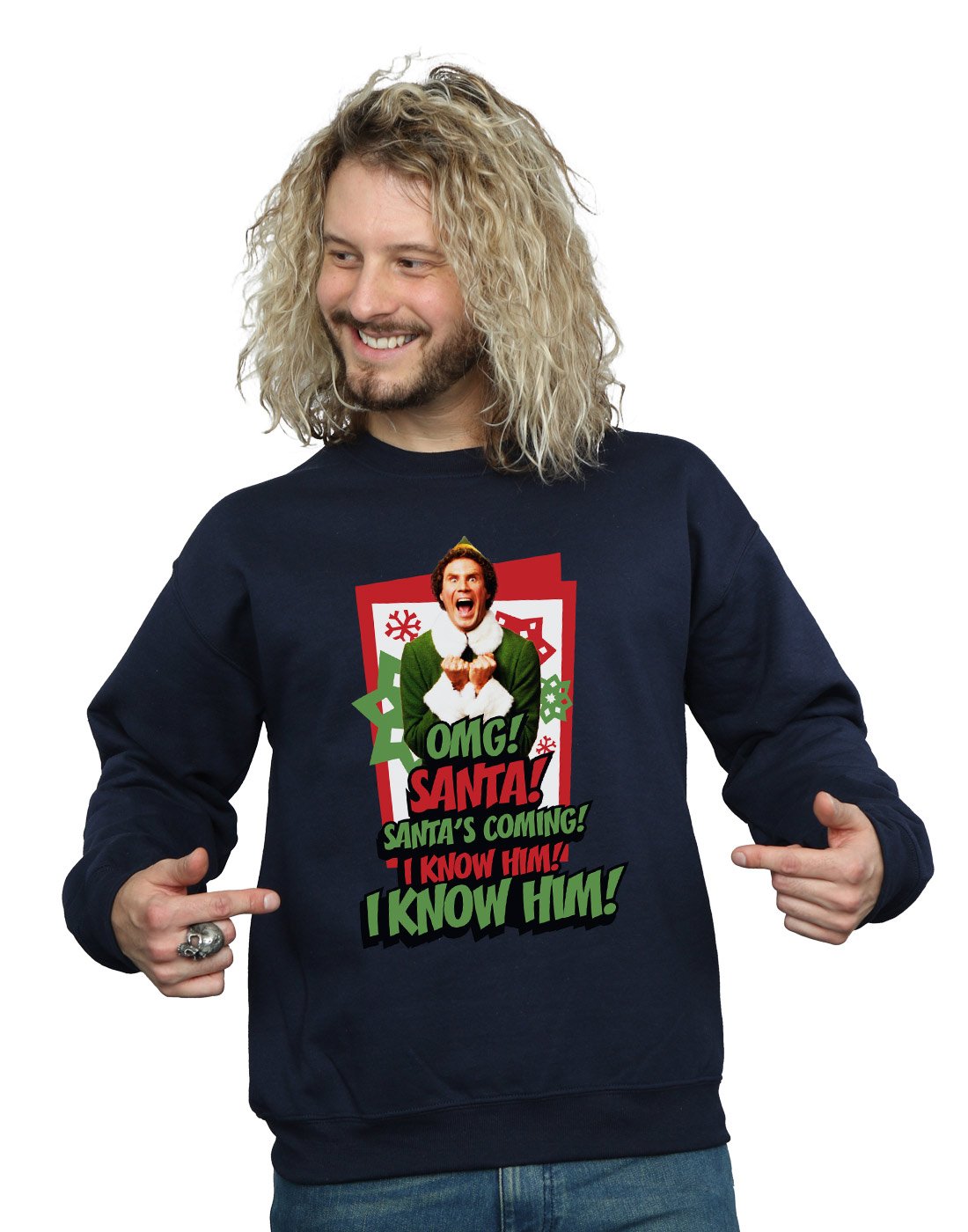 Elf Men's OMG Santa Sweatshirt Large Navy Blue