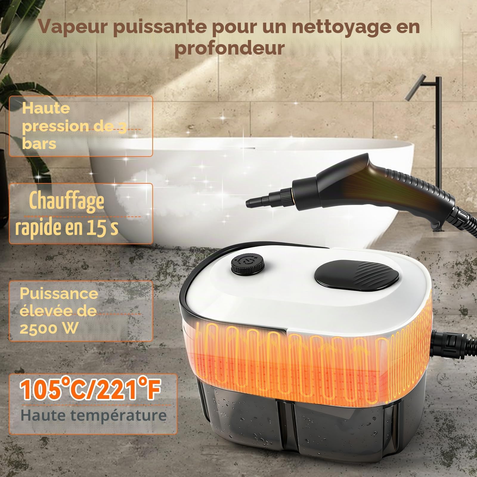 Nettoyeur à vapeur manuel, nettoyeur à vapeur de 2500W avec réservoir d'eau de 1,4 L, 3 niveaux de vapeur et 12 accessoires, nettoyeur vapeur haute température polyvalent pour le sol, la cuisine, les