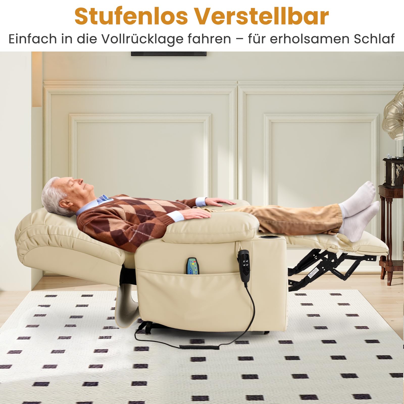 DUANDUAN 2 Motoren Relaxsessel Elektrisch mit Liegefunktion, Massagesessel Fernsehsessel mit Aufstehhilfe, 180° Verstellbar, Beige
