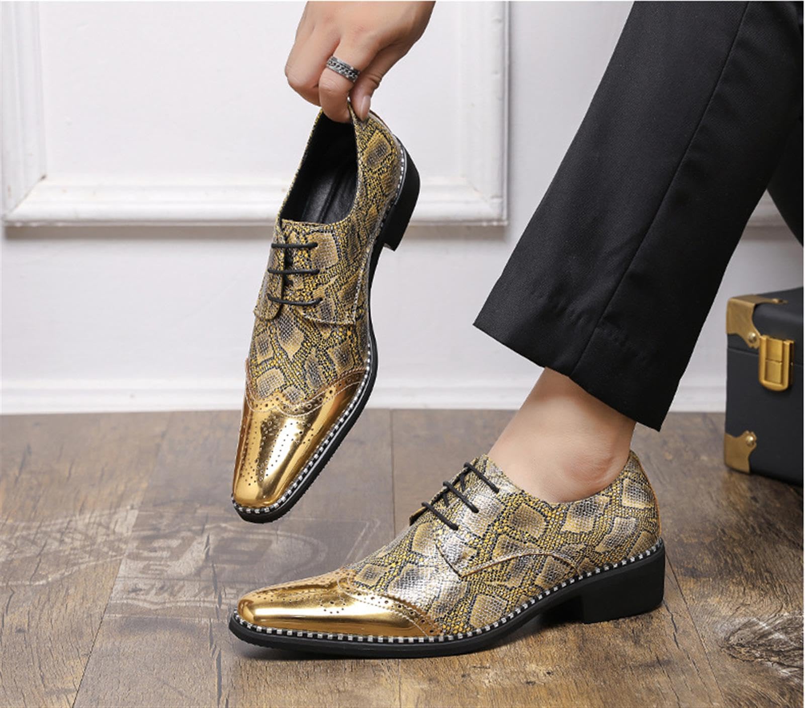 Zapatos de Vestir Hombre, Oxford Estampado de Serpiente con Puntera Metálica, Calzado Elegante para Fiesta, Boda, Oficina