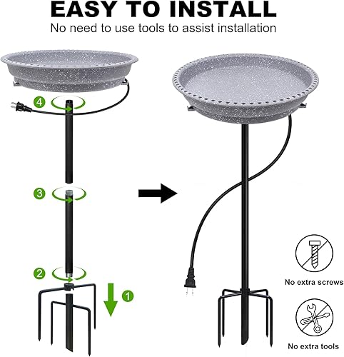 Miniatura 7 de BIRD WISH Baño para pájaros con calefacción, base de metal estable de 5 puntas, control de termostato resistente a la intemperie, para todas las