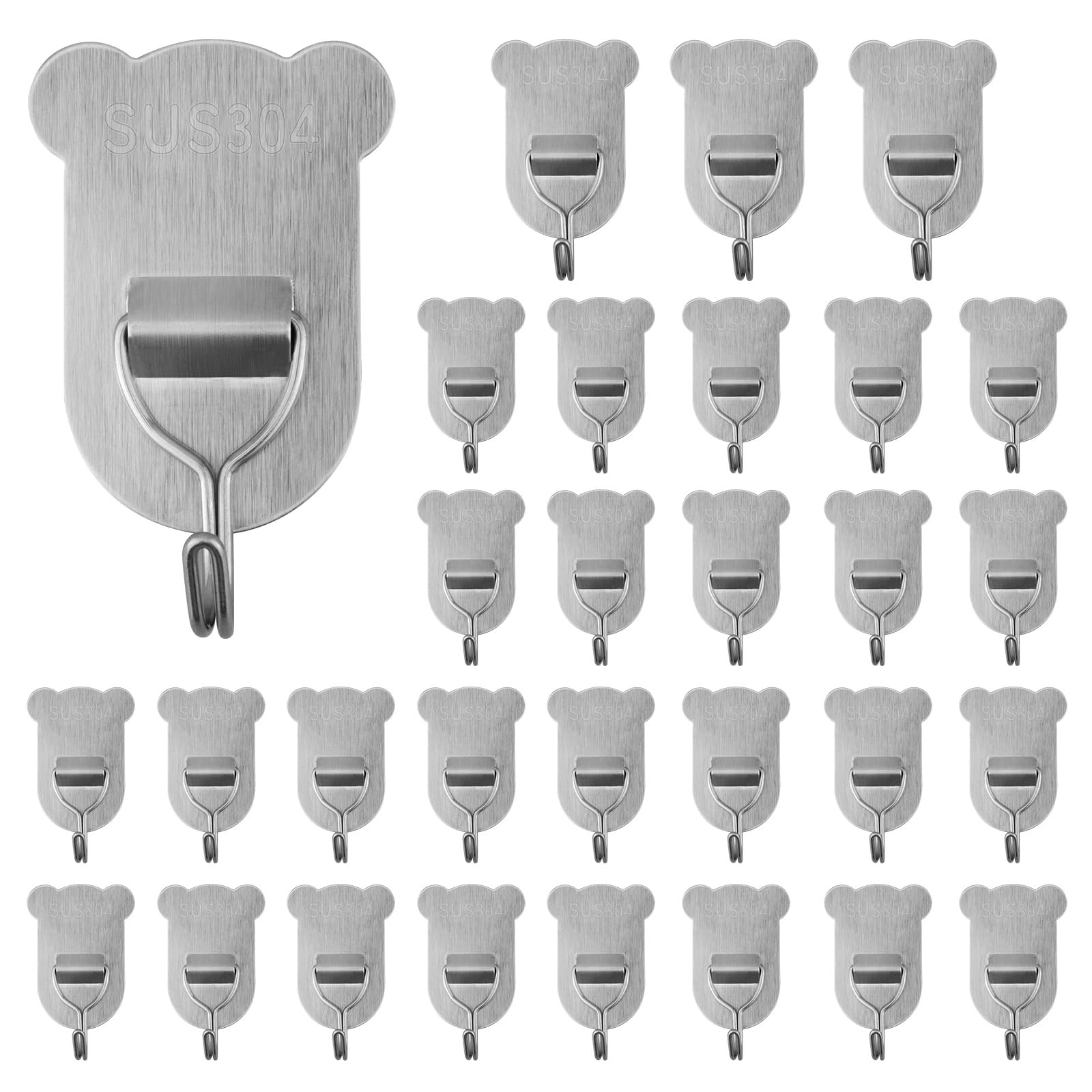 AOMEES Adhesive Hooks 30 Pack,Self Adhesive Hooks&Sticky Hooks for Hanging,Coat Hooks Wall Mounted Style No Drilling,304 Stainless Steel Wall Hooks & Door Hooks, Home Essentials for Kitchen, Bathroom
