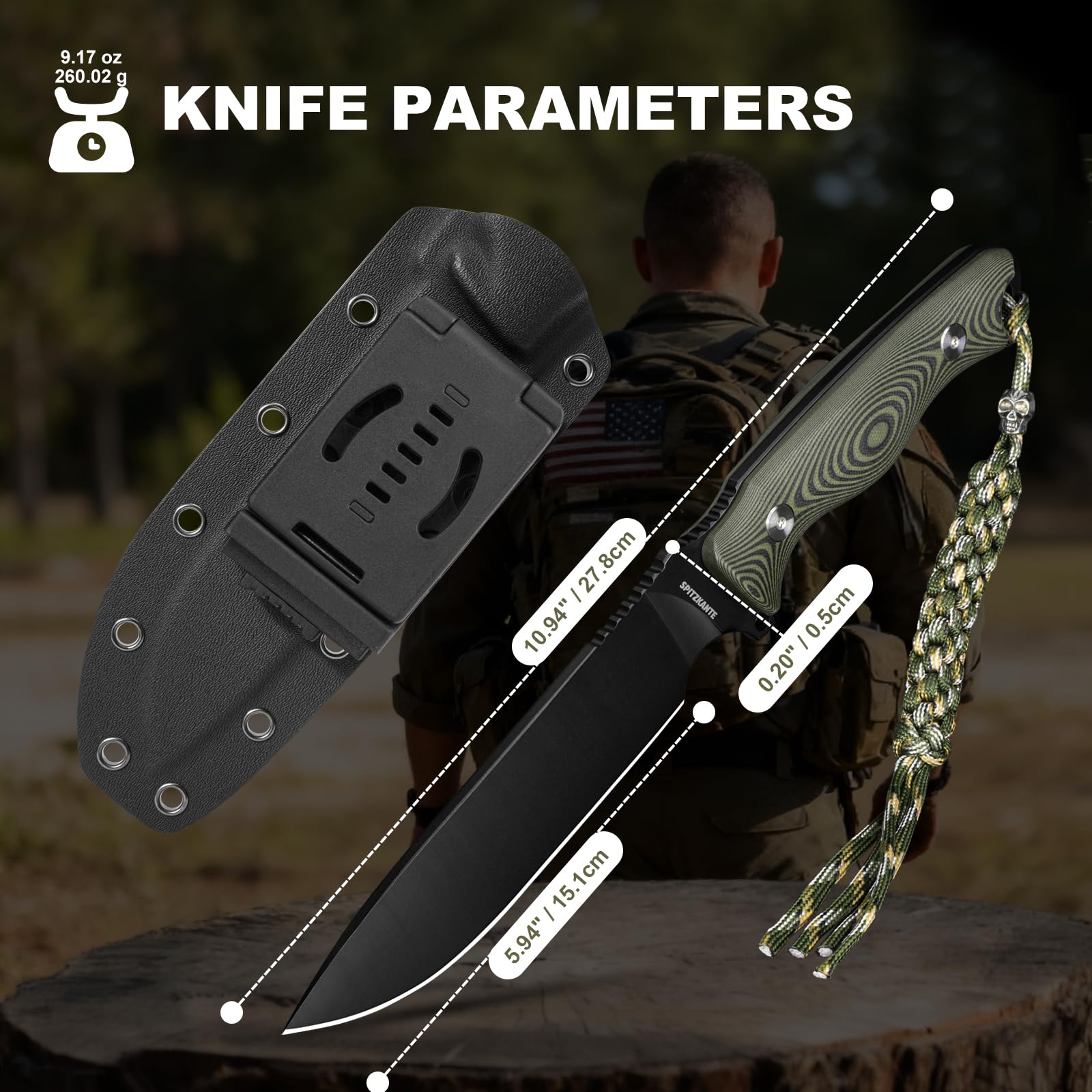Coltello a Lama Fissa, Nero, con Fodero Kydex, Lama 15.1cm, Manico G10 Verde, per Sopravvivenza e Outdoor