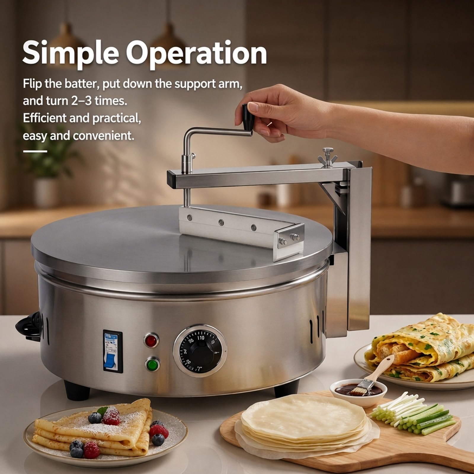 Máquina eléctrica Comercial para Crepes y panqueques de 220 V con 7 Herramientas auxiliares, Plancha Antiadherente de Acero Inoxidable de 40 cm, Temperatura Ajustable