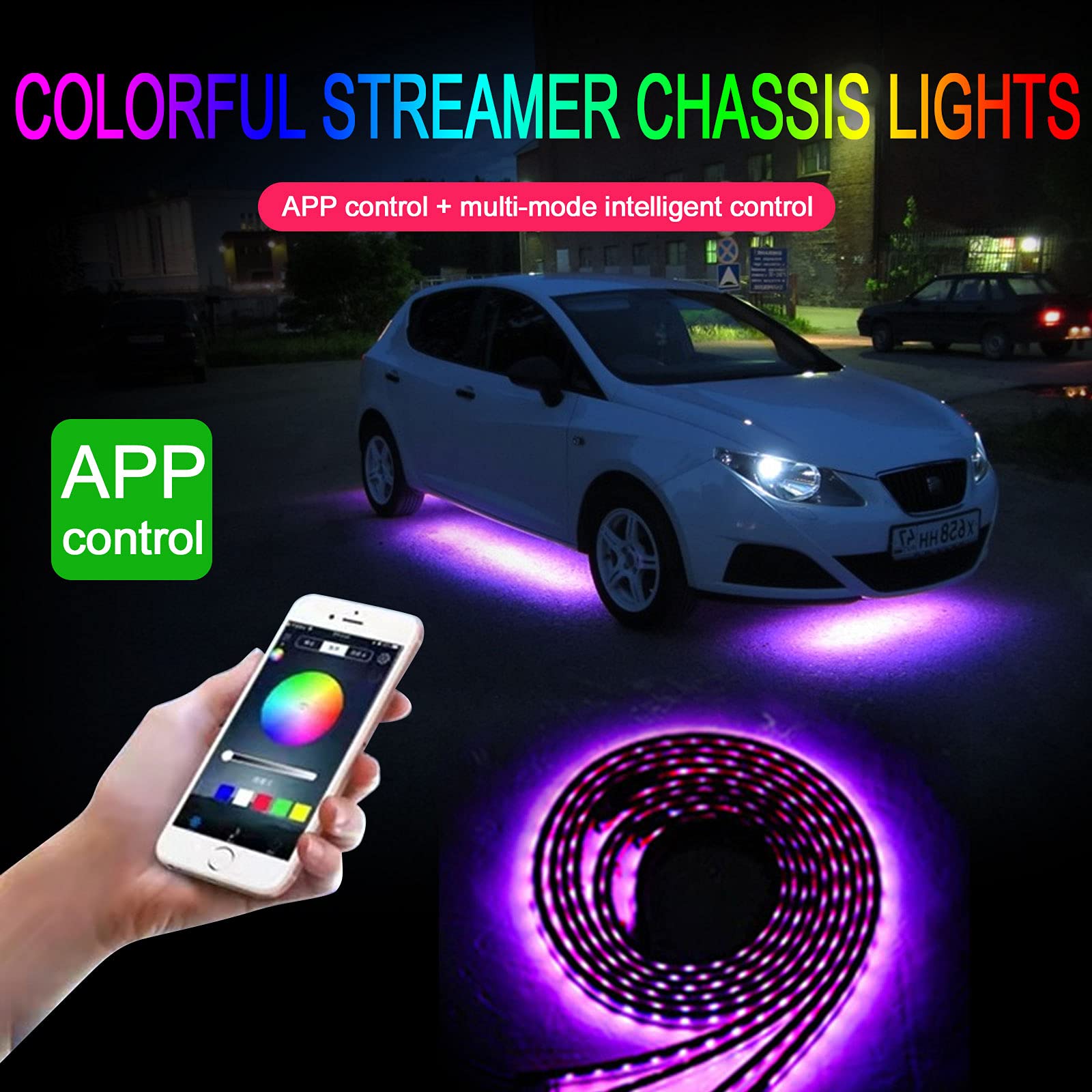 Lot de 4 Lampes à encastrer pour Voiture (2 x 60 + 2 x 90 cm) 64 Modes Bluetooth Contrôle par Application Néon LED 16 Millions de Couleurs RVB Kit d'éclairage de décoration pour Pare-Chocs de Voiture