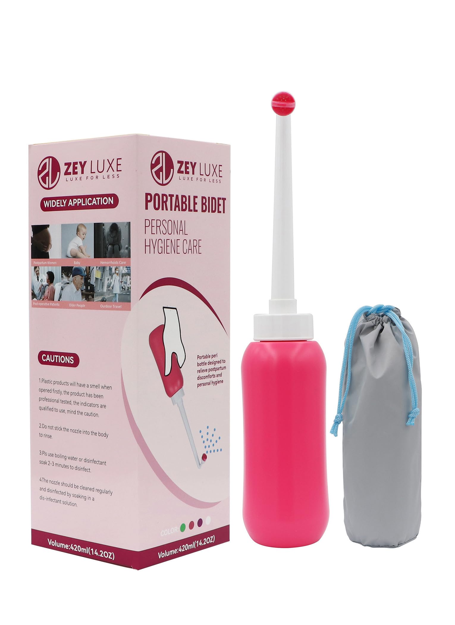 ZEY LUXE Peri Bottle - Portable Travel Bidet with Carry Bag - 420ml Capacity - Essentials for Postpartum Perineal Care - Feminine Care - Portable Bidet for Travel, Red