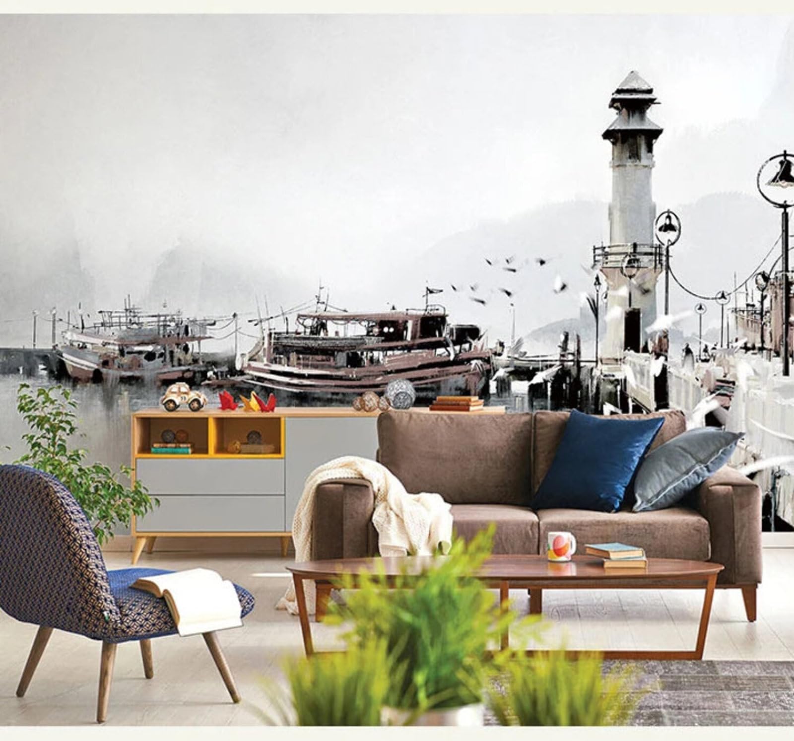 Tzxztt Retro Hand Drawn Pier Lighthouse Small Boat Modern 3D Wallpaper Premium Textured Silk Neutral Tones Material Ideal for Living Room Bedroom-400cm×280cm