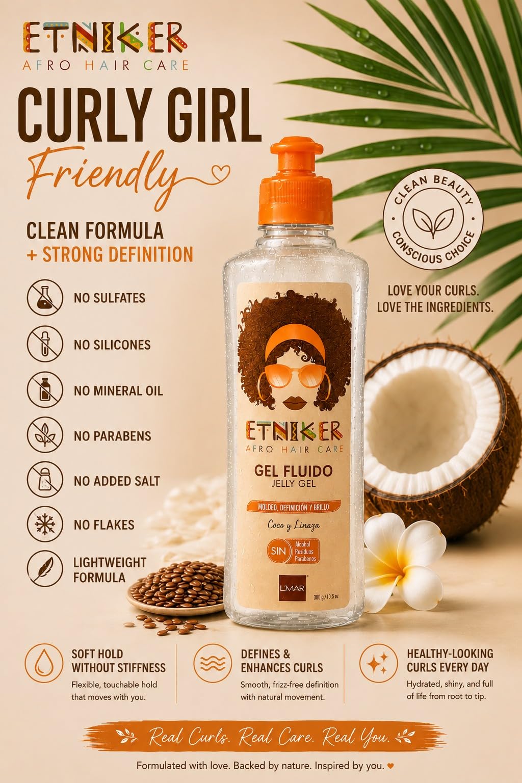 L'MAR Etniker Gel Afro Cuidado del Cabello Residuos sin Alcohol y Linaza, Gel Etniker Fluido Coco y Linaza Moldeo Definición y Brillo Sin Alcohol Residuos Parabenos 10.5Oz-300ml