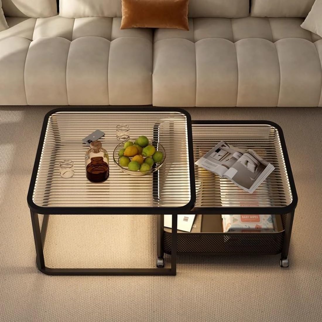 LED Nesting Coffee Table Set of 2, Square End Table Side, Modern Luxury Sofa Center Couch Tablw, Tea Eating Accent Table for Living Room Bedroom Home Office(Black,50+60CM/19.6+23.6IN)