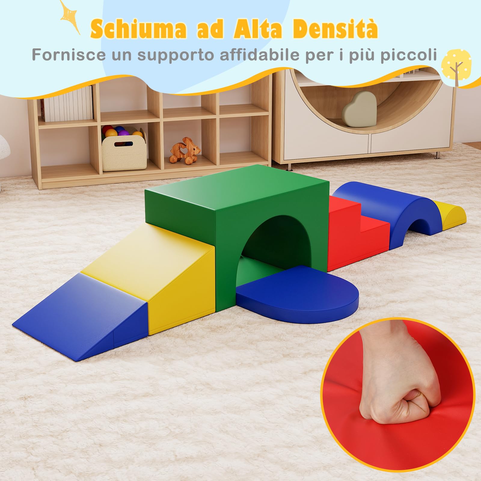 COSTWAY Set di 7 Blocchi da Arrampicata e Strisciamento per Bambini da 1 Anno in Su, Set di Costruzioni in Schiuma da Interno per Bambini a Arrampicarsi, Strisciare e Scivolare (Verde)