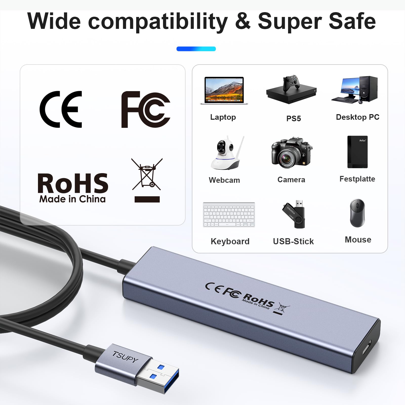 TSUPY Koncentrator USB 3.0 - Aluminiowy Hub Z 4 Portami, Przedłużacz 120 cm, Rozdzielacz 5 Gb/s Do MacBooka, iMaca, Surface Pro, XPS, Notebooka, Pamięci i Więcej