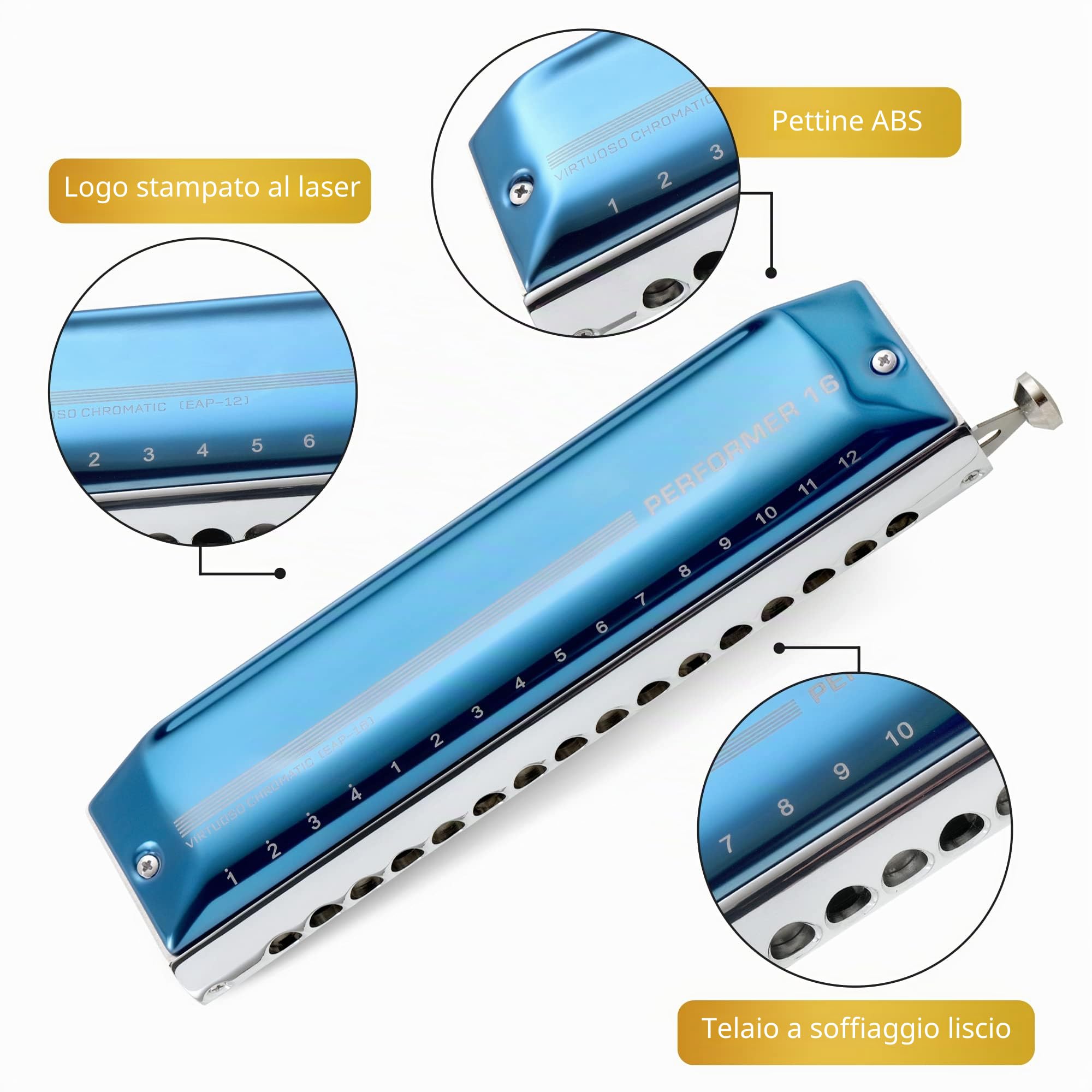 East Top Upgrade Armonica cromatica Chiave di Do ， 16 fori 64 toni Armonica professionale per adulti, studenti e amanti dell'armonica con coperchio blu (EAP-16)