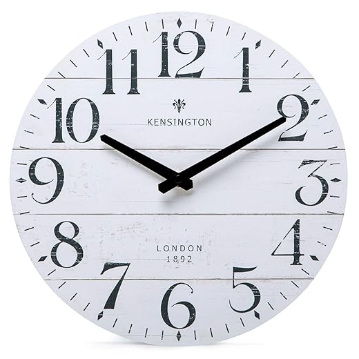 NIKKY HOME Farmhouse White Wall Clock 12 Inch Quartz Battery Operated Vintage Wooden Decorative