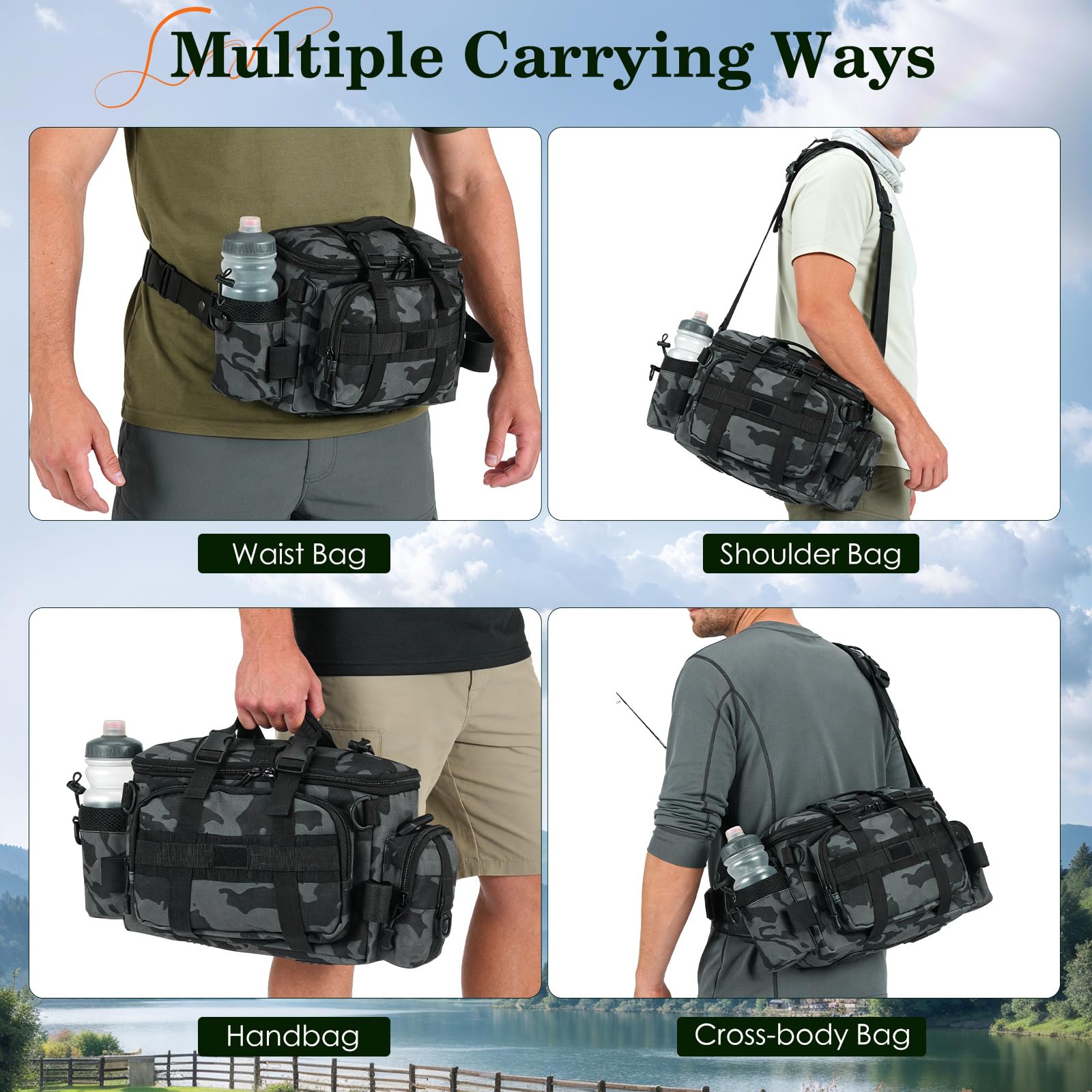 Angeltasche, Tarnung Fishing Angeltasche mit Gürtel, Schultergurt, Rutengurt, Tragegriffe Mehrere Taschen Karpfentasche angelrucksack Tackle-Box-Tasche Outdoor für Meer Angeln Süßwasser