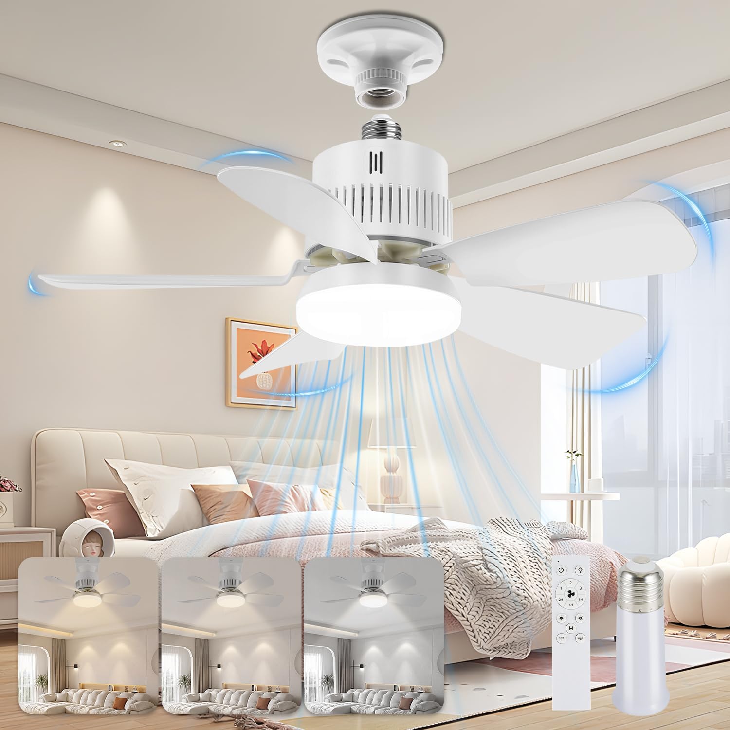 Light Socket Fan with Remote (Pairing Required), Ultra-Quiet High-Speed Fan, Adjustable 2800K–6000K LED Lighting, Memory Save, Built for Closets, Kitchens, Attics, Kids Rooms & Compact Spaces