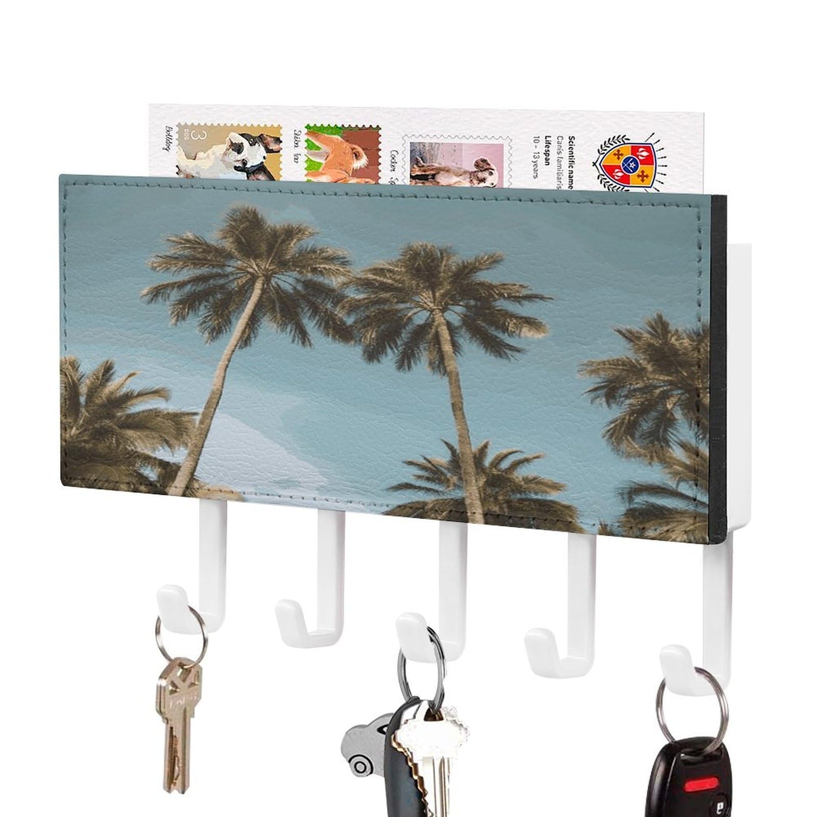 LDGSUPH Tall Tropical Palm Trees Key Holder Wall Mount Key Hanger with 5 Hooks Fashion Key Organizer Rack Hanging Key Hooks with Mail Organizer Key Rack for Home Entryway Hallway White-Style
