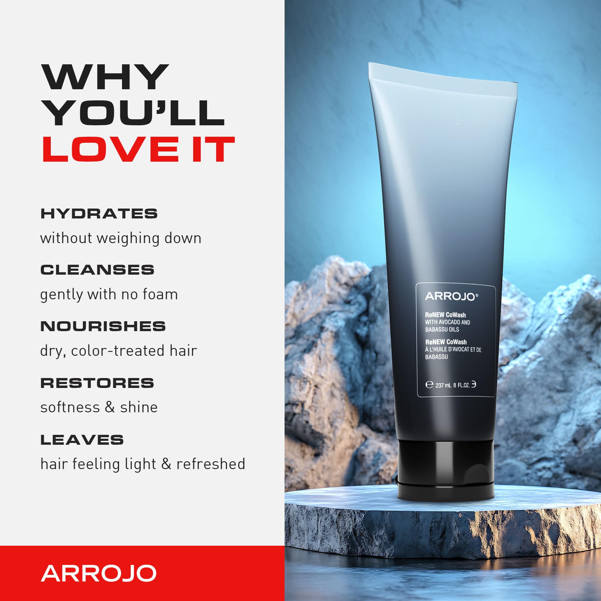 Arrojo ReNEW CoWash, 8oz – Sulfate & Paraben Free Cleansing Conditioner for Color Treated Hair – Vegan, Non-Foaming Cleanser with Avocado & Babassu Oils for Curly & Dry Hair