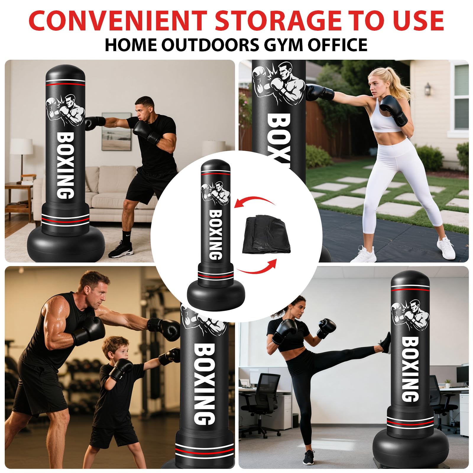 Saco de Boxeo Adultos, 190cm Sacos de Boxeo de Pie on Guantes y Bomba de Aire, Punching Ball Inflable Entrenamiento para Karate, Kickboxing, PVC Fitness Boxeo Regalo Ideal