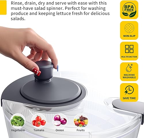 Miniatura 5 de Molinillo de ensalada grande, cuenco de lavado de frutas con colador, giratorio de lechuga de uso rápido y fácil, lavadora de frutas y verduras,