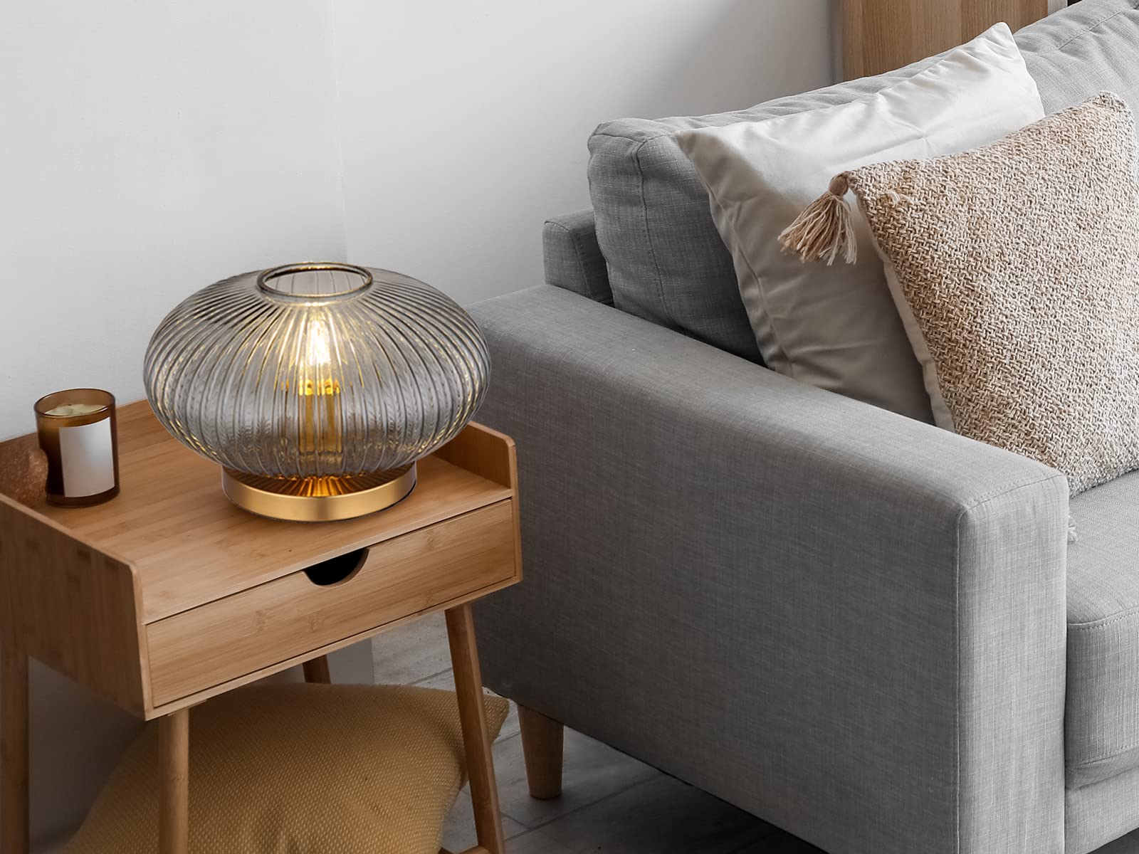 Ausgefallene Tischleuchte mit gerilltem Rauchglas Lampenschirm, Ø 30cm