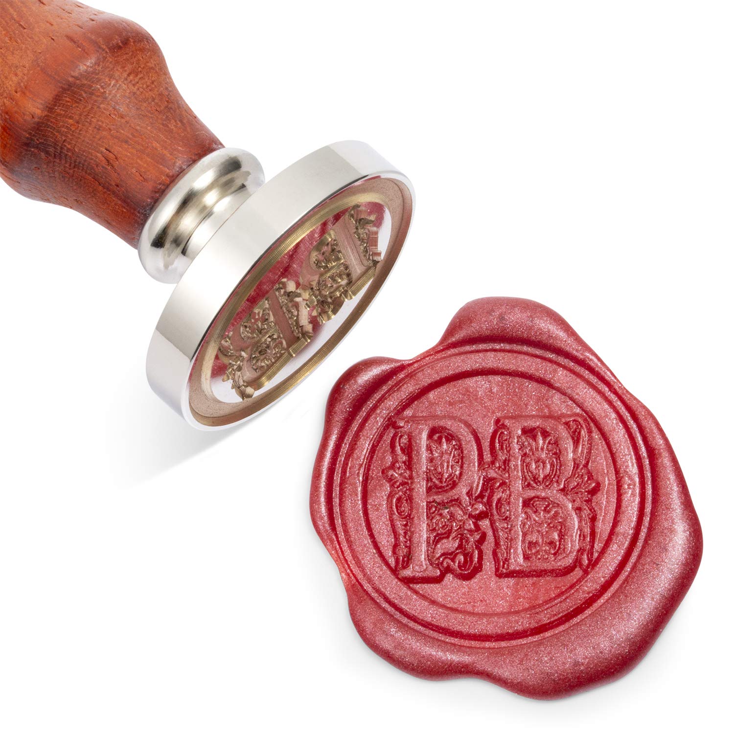 Mceal Wax Seal Stamp, Silver Brass Seal with Wooden Handle, Two Letters Monogram(PB)