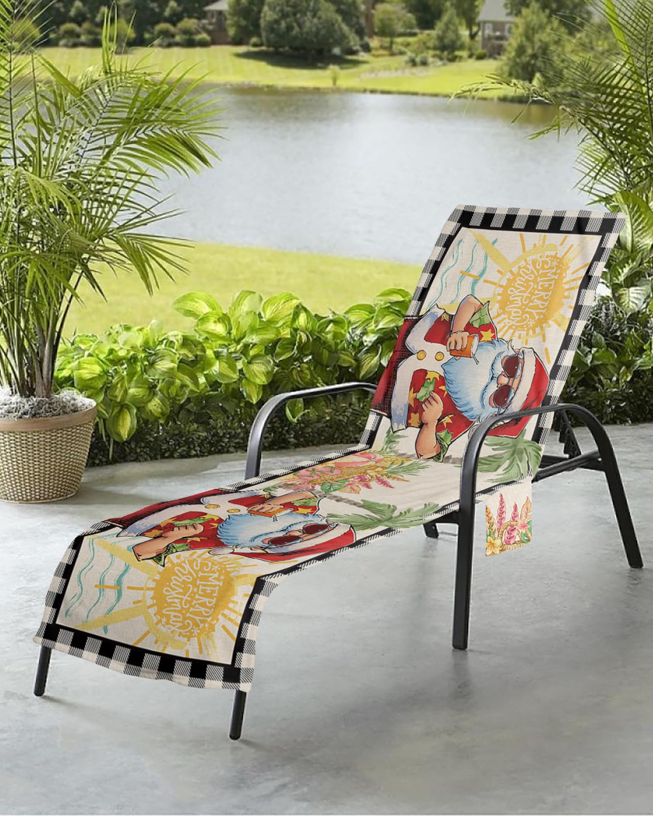 Summer Christmas Beach Chair Towel Covers for Chaise Lounge with Side Pocket, Soft Plush Pool Towels Cover for Patio Sunbathing Outdoor 29''x85'' Santa Beach Starfish Plaid Black