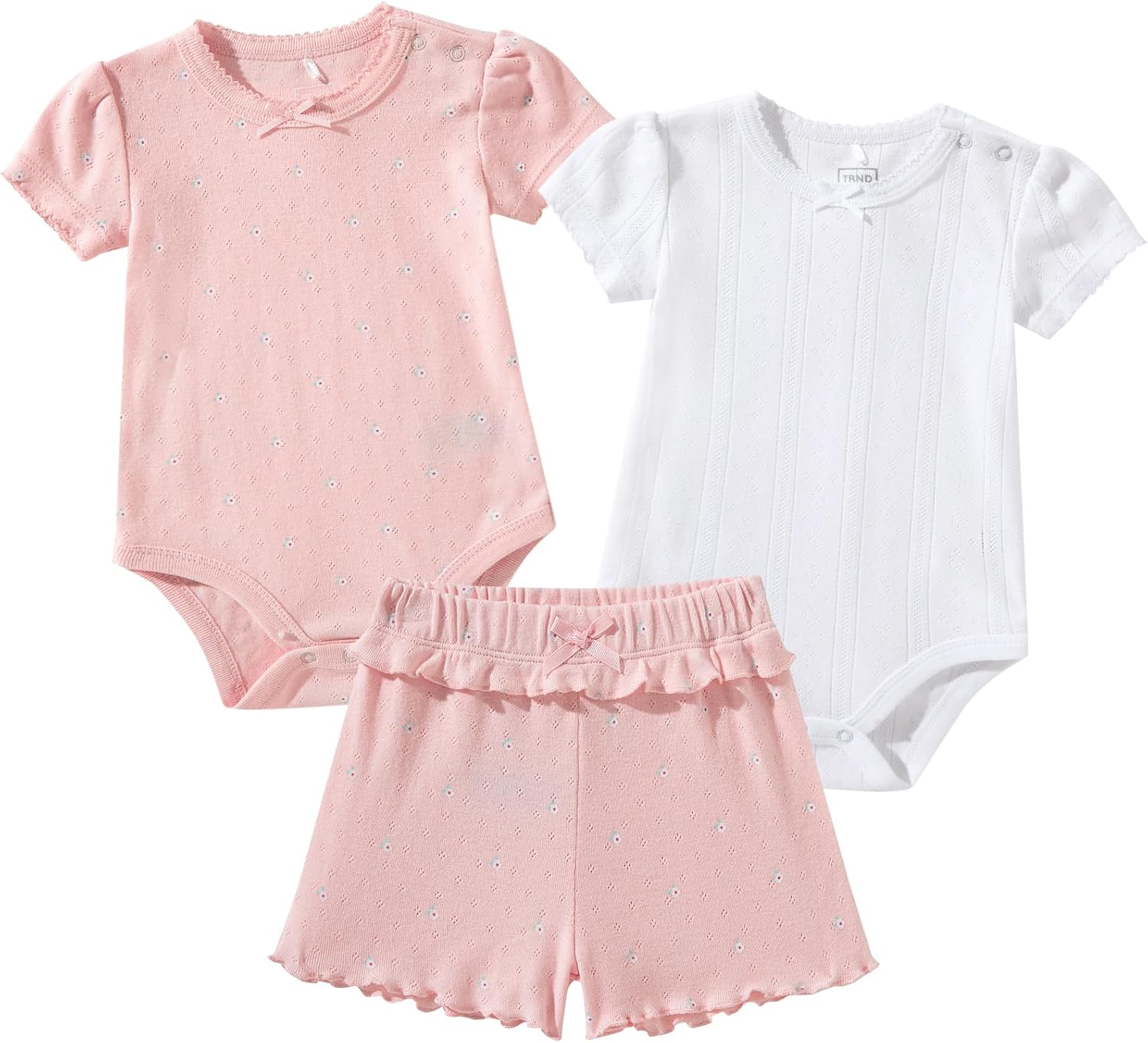 TRND O&X Baby Girl 3-Piece Cotton Outfit Set, 2 Bodysuits & 1 Short, Soft Breathable Pointelle Knit Infant Clothes