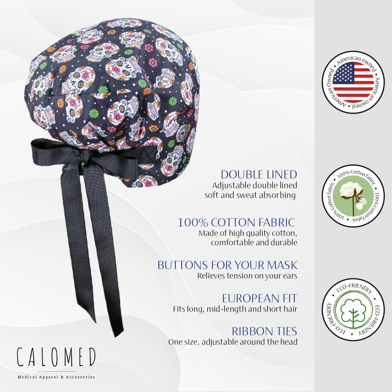 Euro Style Scrub Cap for Women & Men with Ribbon Ties & Buttons, Head Cover for Long or Short Hair image 4