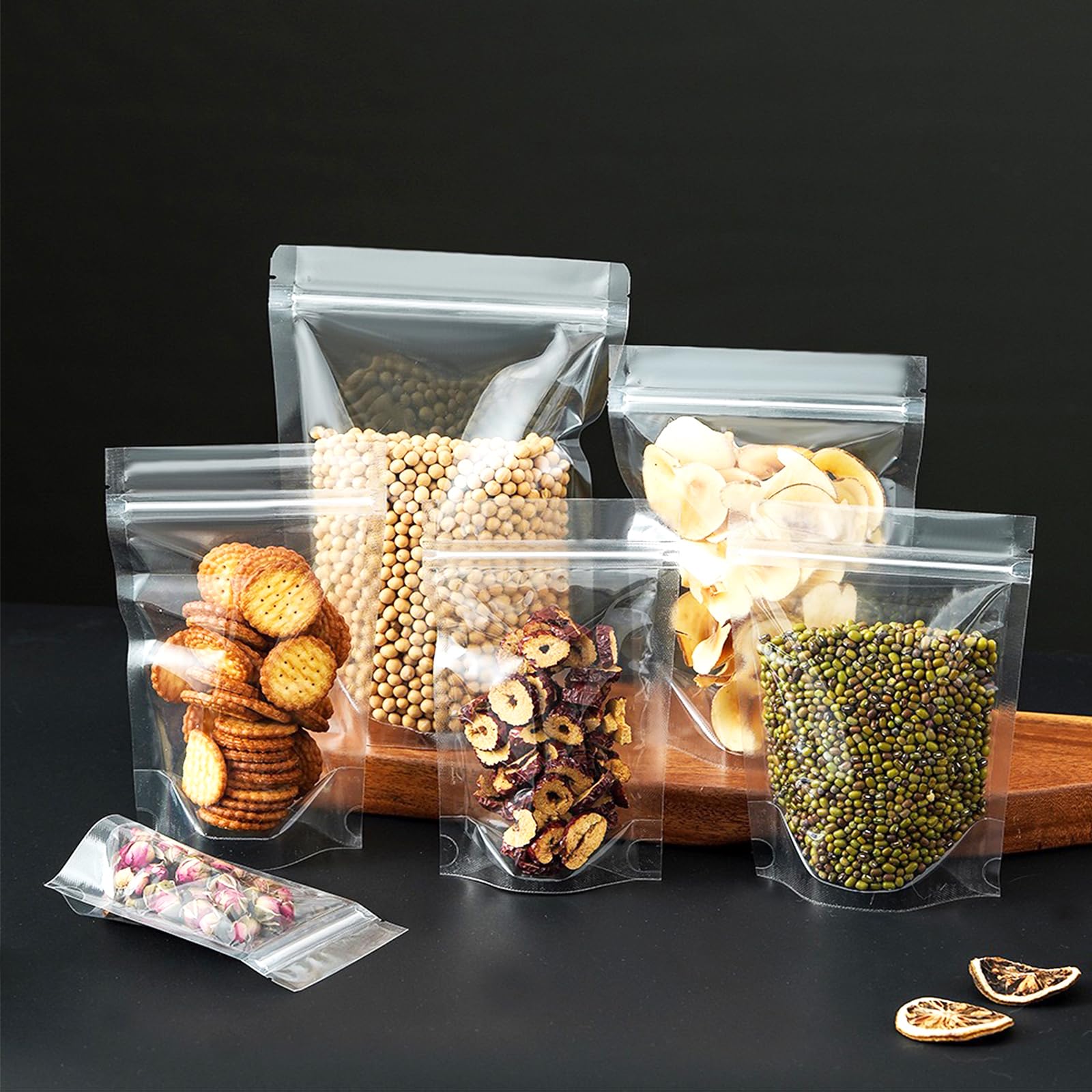 50 Pcs Resealable Packaging Bags, clear stand up food pouch bags with resealable lock seal zipper for Packaging Products,Nuts,Snack,Tea,Spices,Pet Food and Soaps (5.9x8.7inch)