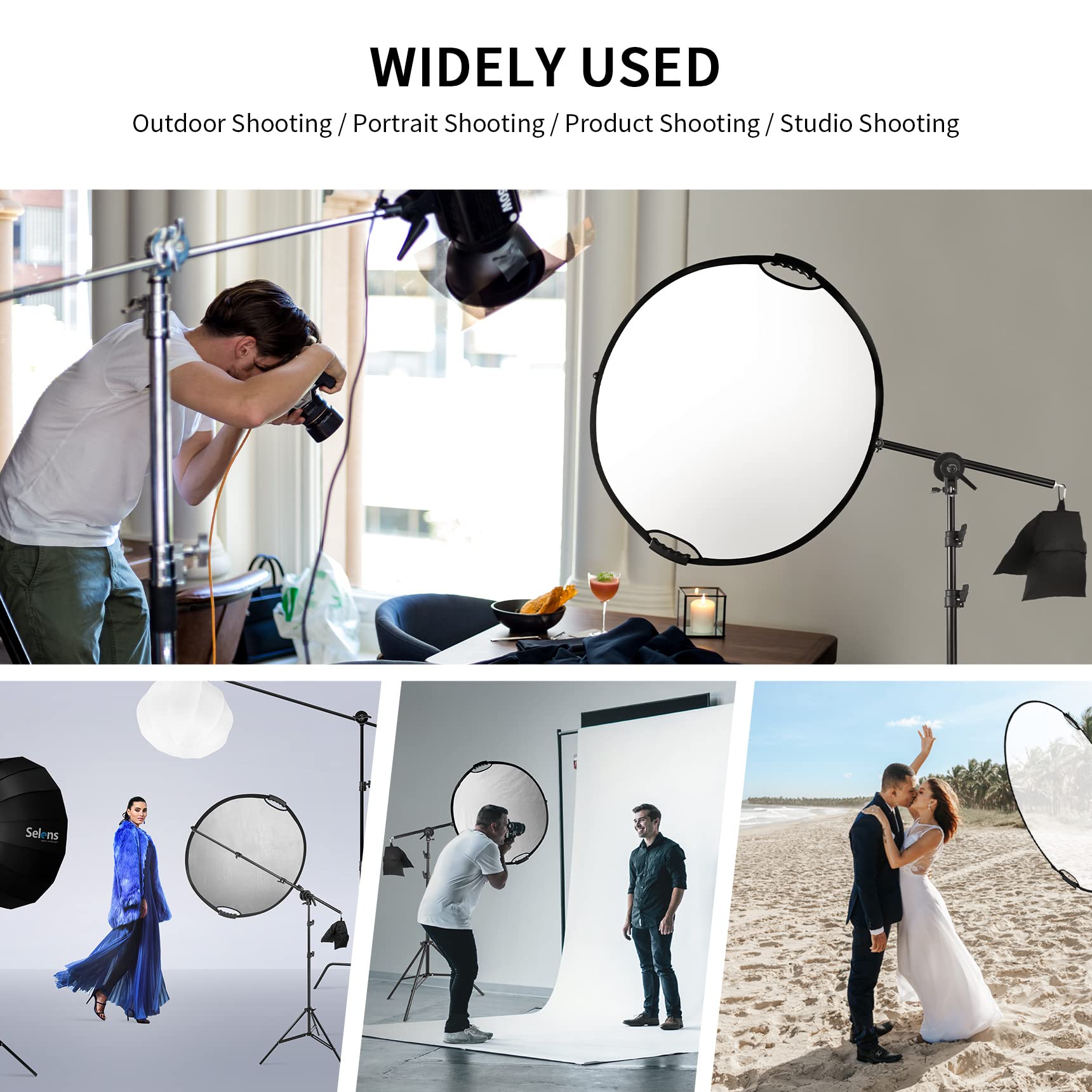 Selens 5 w 1 reflektor fotograficzny, okrągły, składany reflektor o długości 80 cm + stojak na światło 200 cm + worek na piasek + wysuwany uchwyt, przenośny dyfuzor złoty/srebrny/biały/czarny i