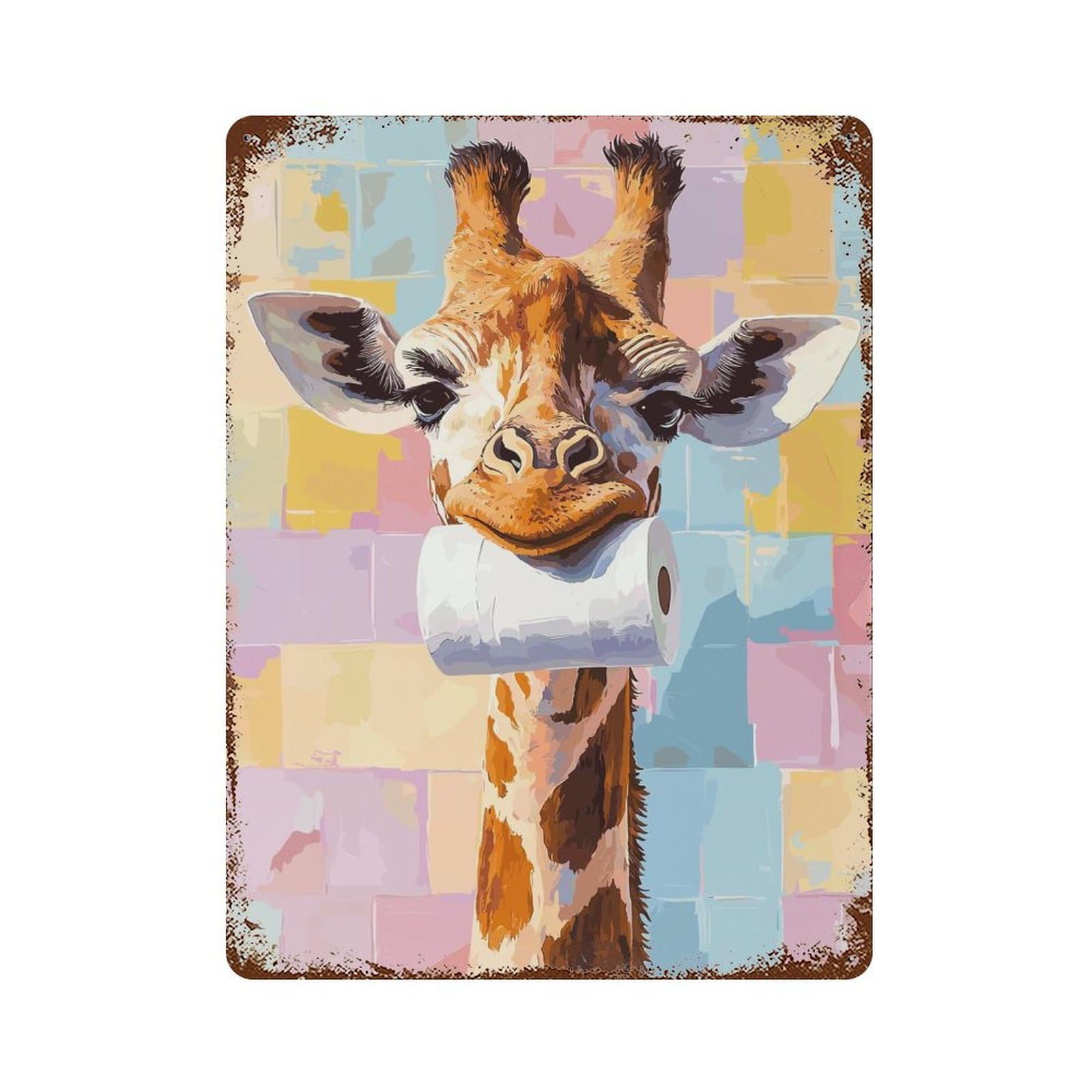 Rust Effect Giraffe with Toilet Paper Roll Weathered Tin Sign 15.7"x11.8", Shabby Chic Decor for Cafe, Home Bar And Lounge Decor