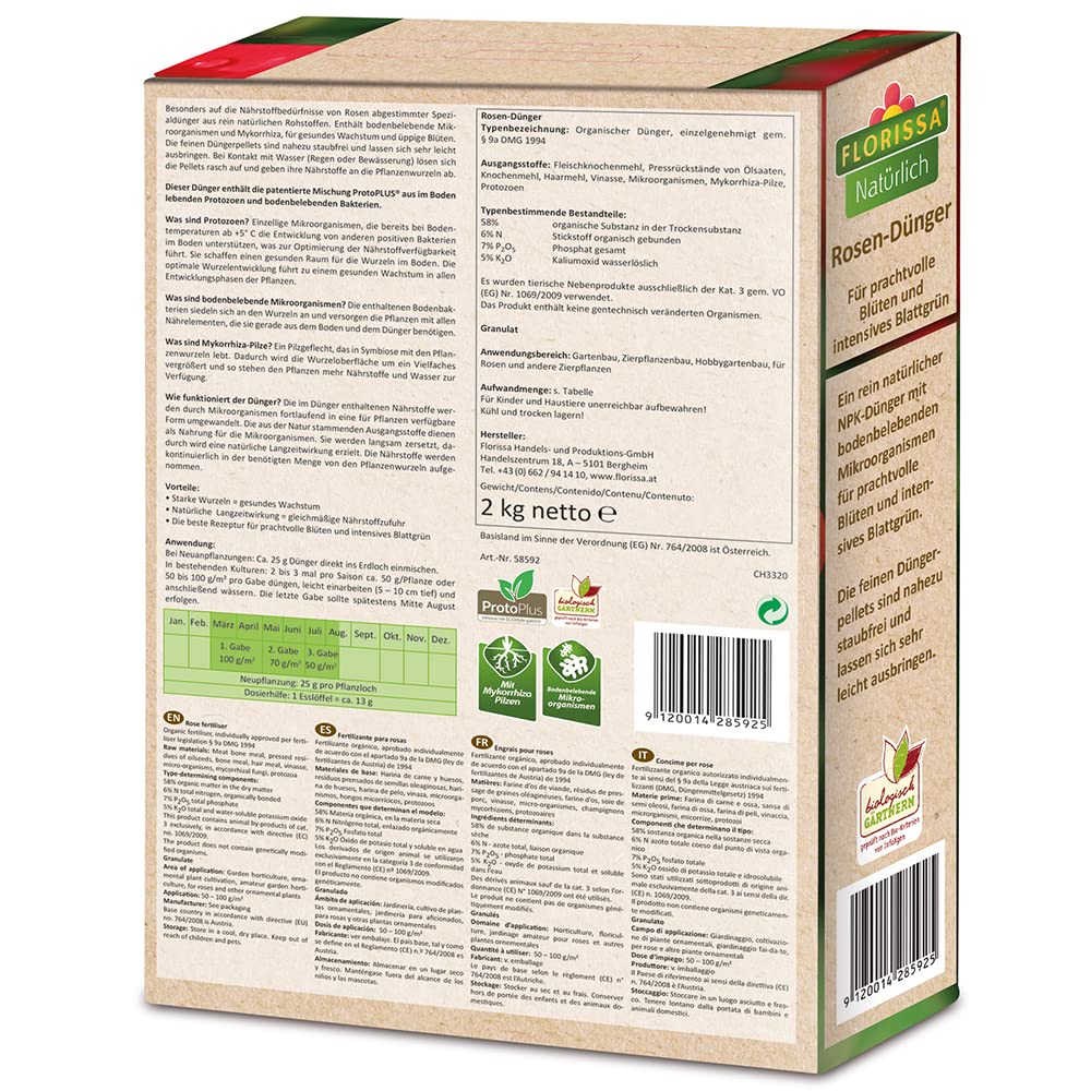 Abono para rosas orgánico con ProtoPlus para una rápida disponibilidad de nutrientes en primavera | microorganismos que estimulan el suelo, 2 kg.