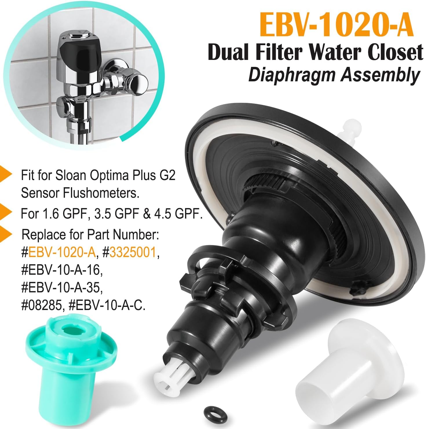 EBV-1020-A Dual Filter Urinal & Water Closet Electronic Diaphragm Assembly Flex Tube Diaphragm Repair Kit For Sloan G2 Optima Plus Sensor Flushometers 1.6/3.5/4.5 GPF, Replace for #3325001