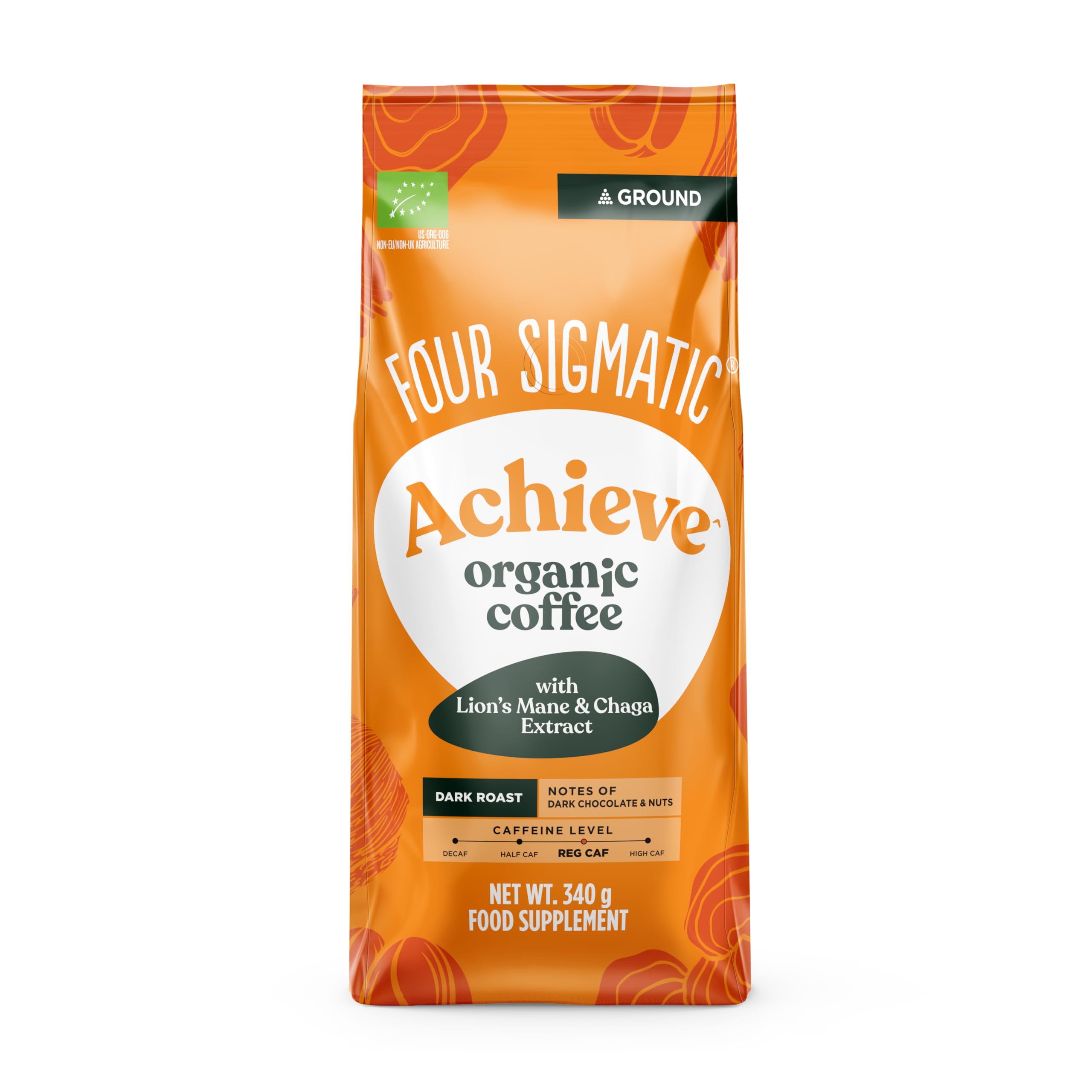 Four Sigmatic Mushroom Ground Coffee - USDA Organic and Fair Trade Coffee with Lions Mane and Mushroom Powder - Focus, Wellness - Vegan, Paleo - 12 Oz - Dark Roast