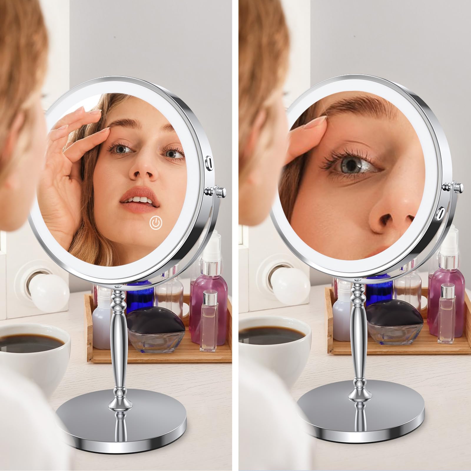 Miroir De Maquillage Lumineux LED – 20 Cm, Double Face (1X/10X), 3 Couleurs De Lumière, Réglable, USB – Pour Bureau Ou Voyage