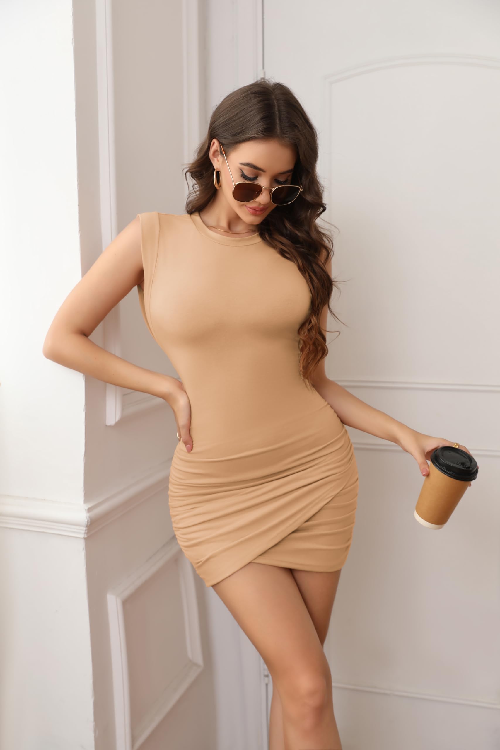Zeagoo Damska letnia sukienka na czas wolny, bez rękawów, minisukienka w stylu vintage, sukienka kopertowa, obcisła koszulka, krótka sukienka, elegancka sukienka z etui, S-XXL