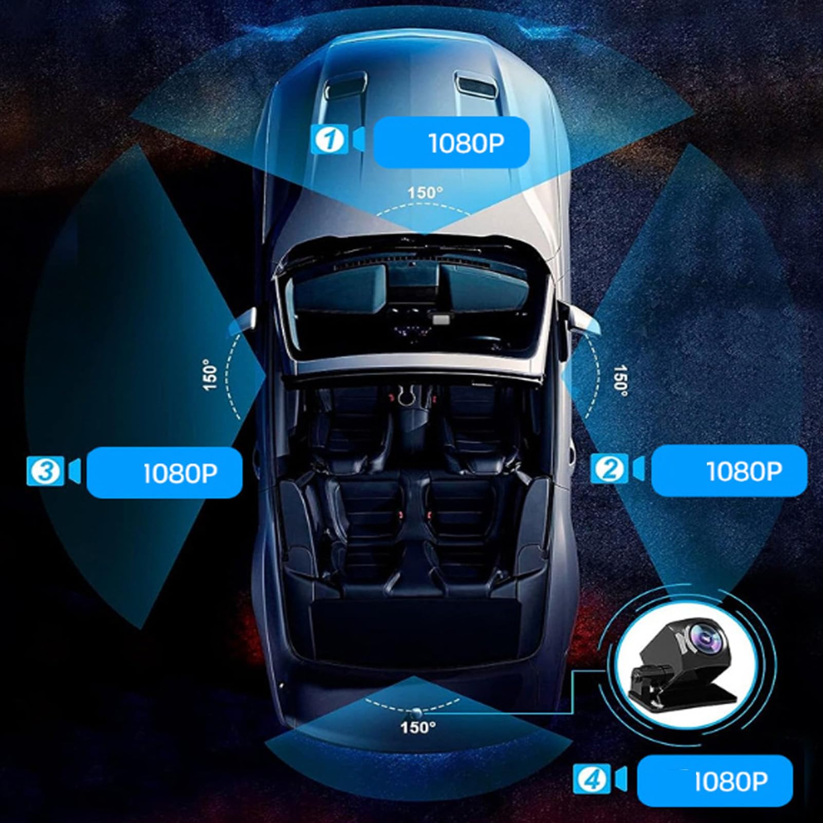 ASHATA Dash Cam a 4 canali 360° anteriore e posteriore sinistra destra interna per auto, 1080p HD 170 ° grandangolare registratore cruscotto con schermo da 2,7 pollici, modalità parcheggio 24 ore