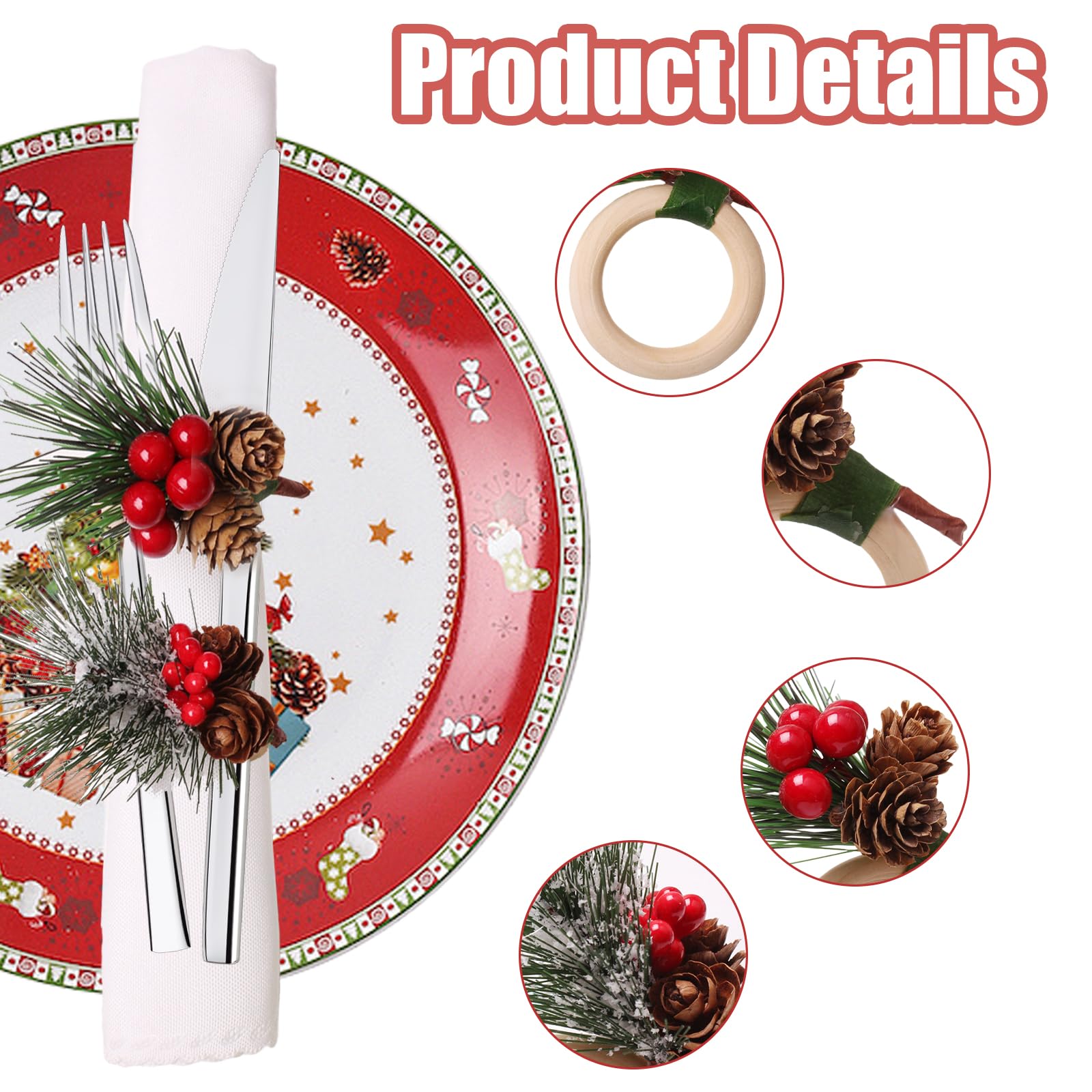 Portatovaglioli Natalizi Con Aghi Di Pino E Bacche Rosse - Set Da 12 Per Decorare La Tavola Di Natale, Feste E Cene In Famiglia - 2