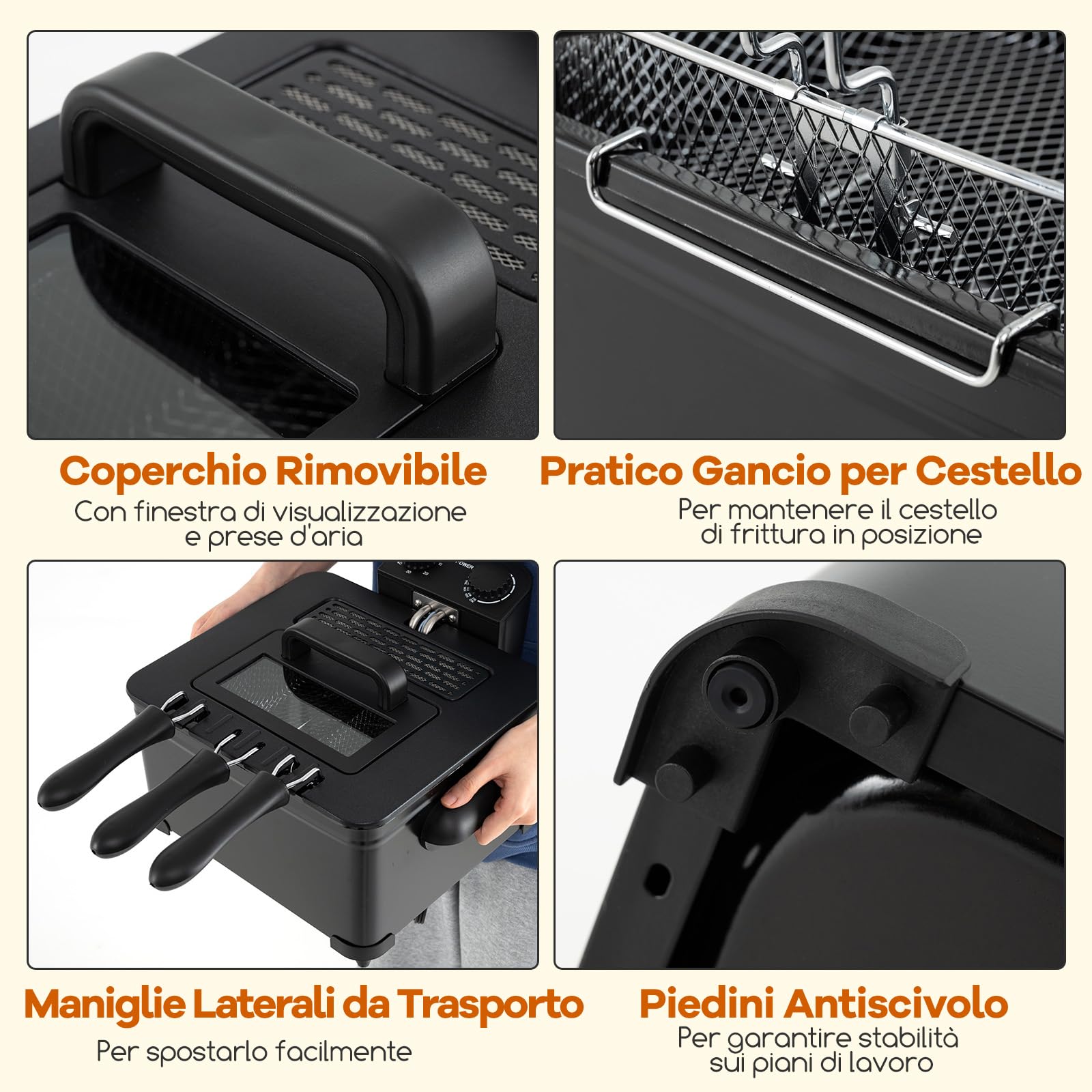 COSTWAY Friggitrice ad Olio 5 L, con 1 Cestello Grande e 2 Piccoli, Temperatura e Timer Regolabili, Friggitrice Elettrica Smontabile con Protezione dal Surriscaldamento, Potenza 1700 W