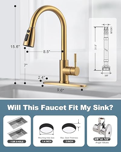 Vista 53 de WOWOW - Grifo de cocina cromado con rociador, grifo de fregadero de cocina extraíble de acero inoxidable con placa de cubierta, grifo de cocina