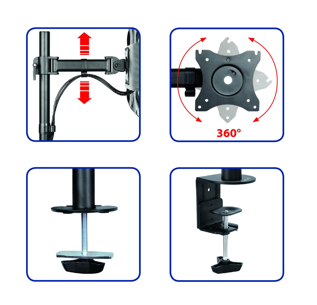 Supporto Da Scrivania Per Monitor Meliconi Desk 100 | Regolabile In Altezza E Orientabile 360° | VESA 75/100 | Fissaggio A Morsa O Fori