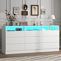 Vista 1 de Cómoda de 9 cajones con toma de corriente, cómoda moderna blanca con luces LED, cómodas de madera con soporte para TV, organizador de cómodas dobles