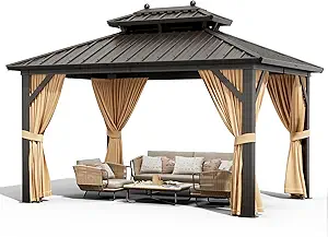 10x13ft Double Roof Hardtop Gazebo, Heavy Duty Galvanised Steel Hardtop Pavilion with Nettings and Curtains, Metal Roof Gazebo for Patio, Terrace, Lawn and Deck, Brown