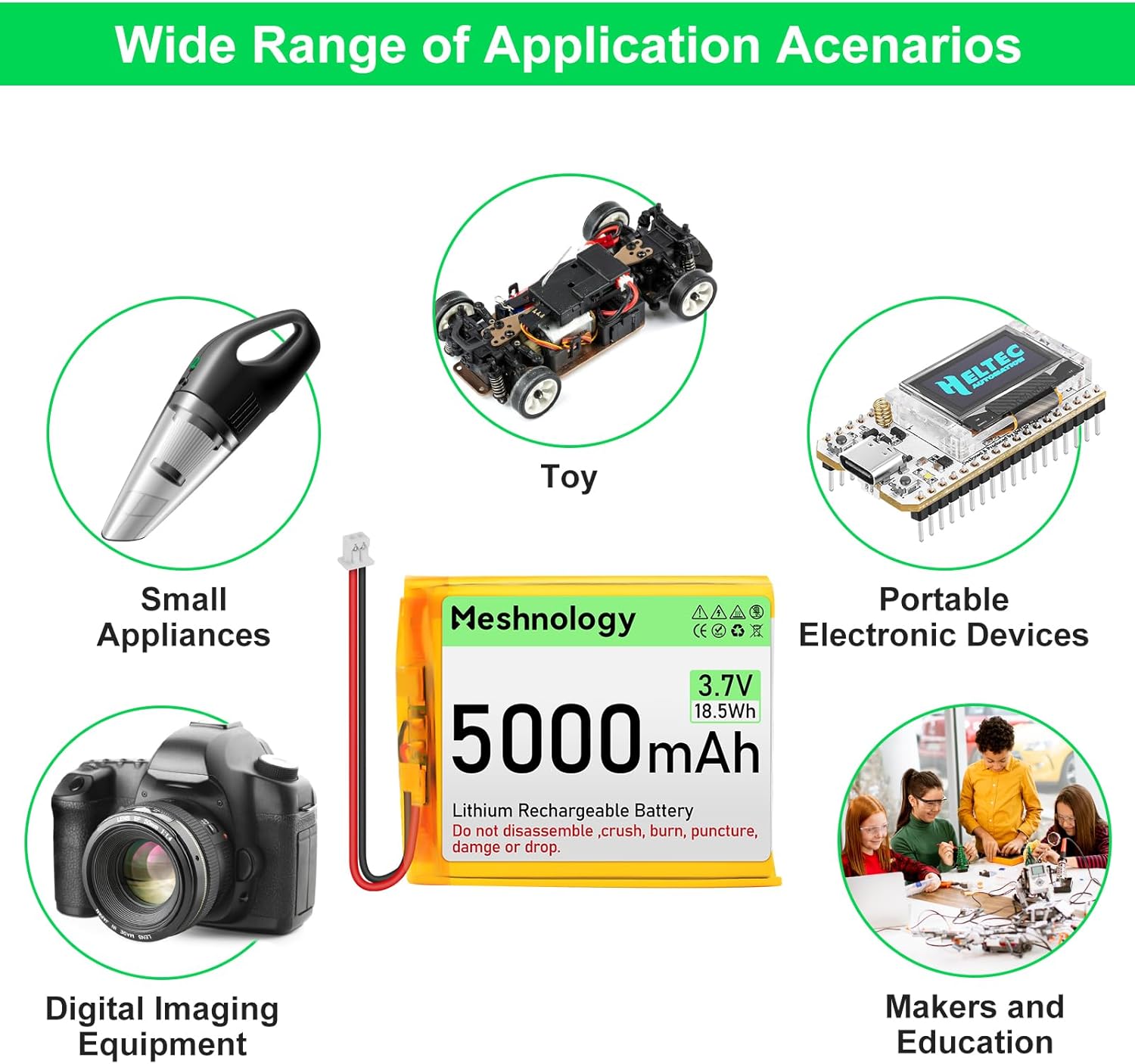 3.7V 5000mAh LiPo Battery Rechargeable 1S 955565 Lithium Polymer Battery with Protection Board Insulated Rubber Tape, Micro JST 1.25 Plug for Arduino LoRa ESP32 Development Board (2 Pack)