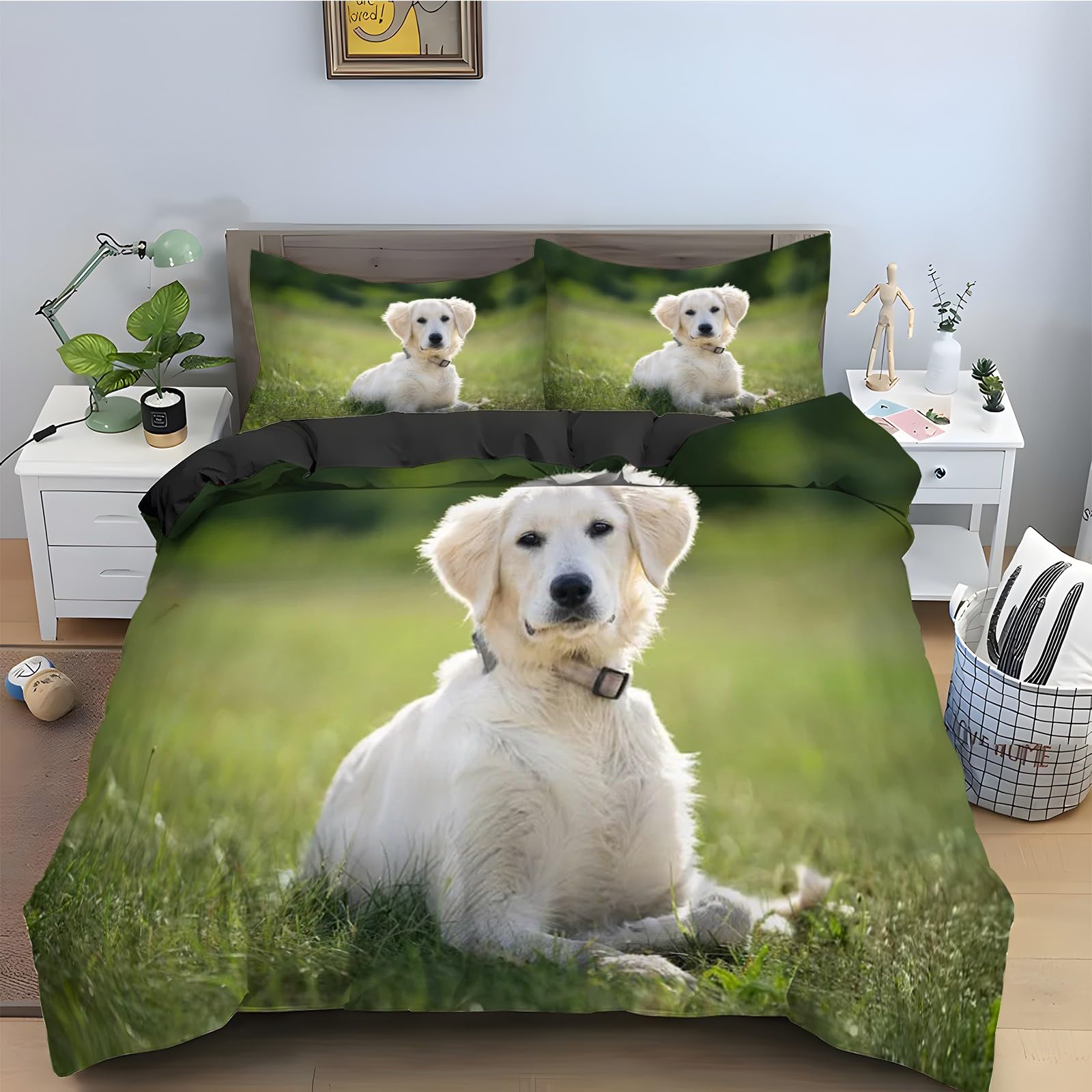 Parure de lit 90x190 chien avec housse de couette animal en microfibre et 2 taies d'oreiller