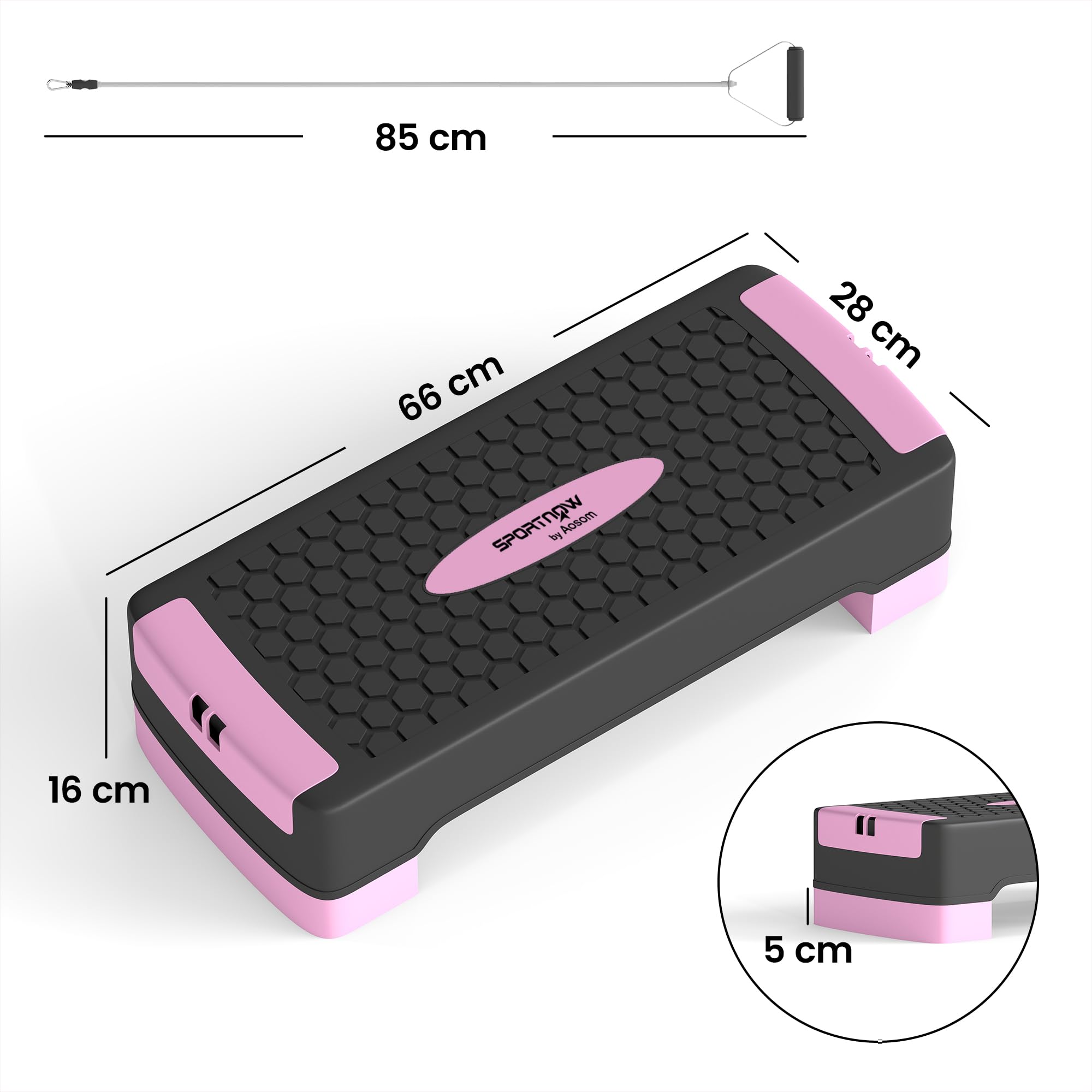 SPORTNOW Step z regulacją wysokości Fitness 2 stopnie (11/16 cm) różowy | Stepper aerobowy, 2 taśmy oporowe, mata antypoślizgowa, antypoślizgowa ławka do kroku, do domu, studia fitness, biura