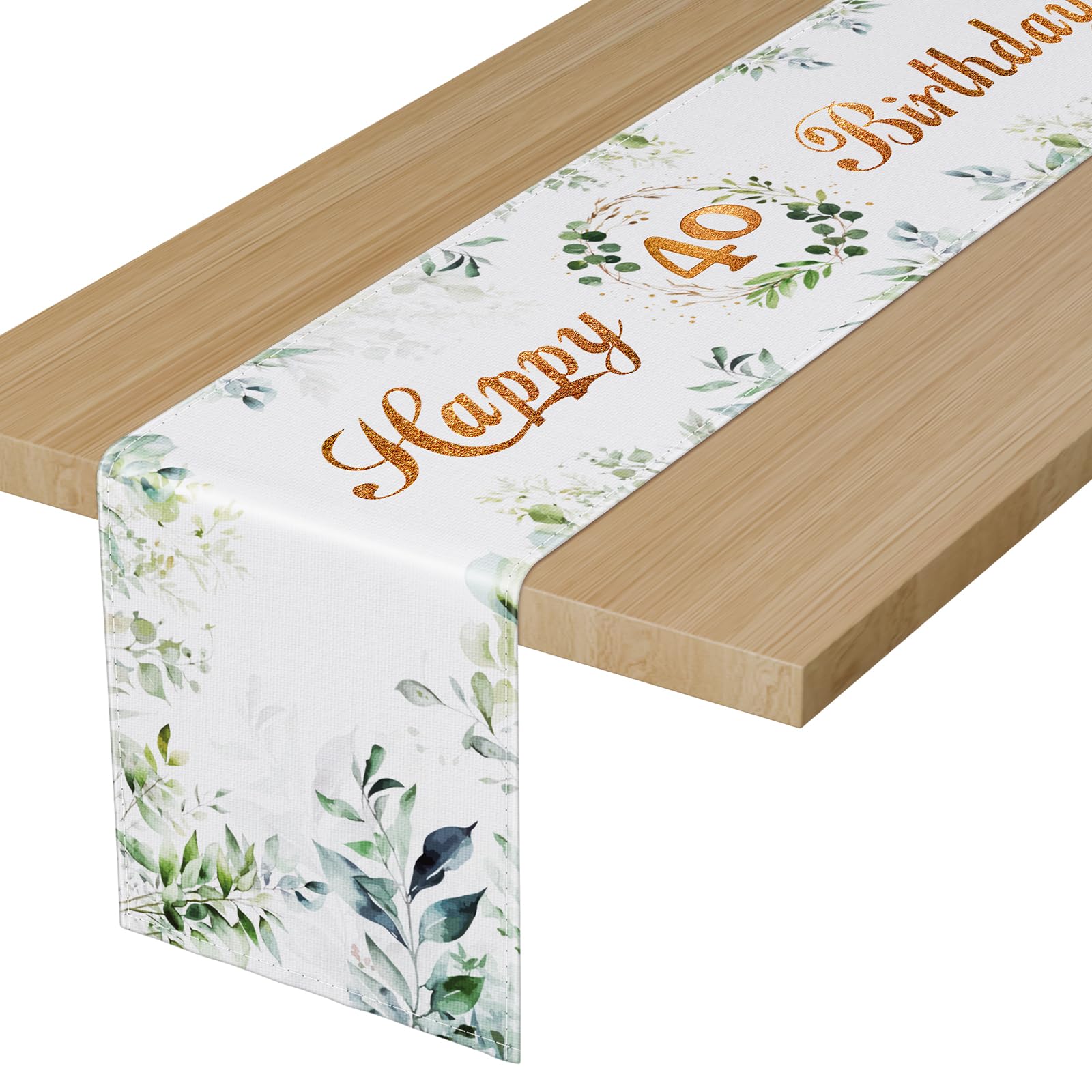 BEKOIUP Happy 40th Birthday Table Runners Green, 40th Birthday Table Runner Eucalyptus Leaves ,Table Cloth Linen Decoration for Home Holiday Party Decor Dining Table Decoration 13x72 Inch